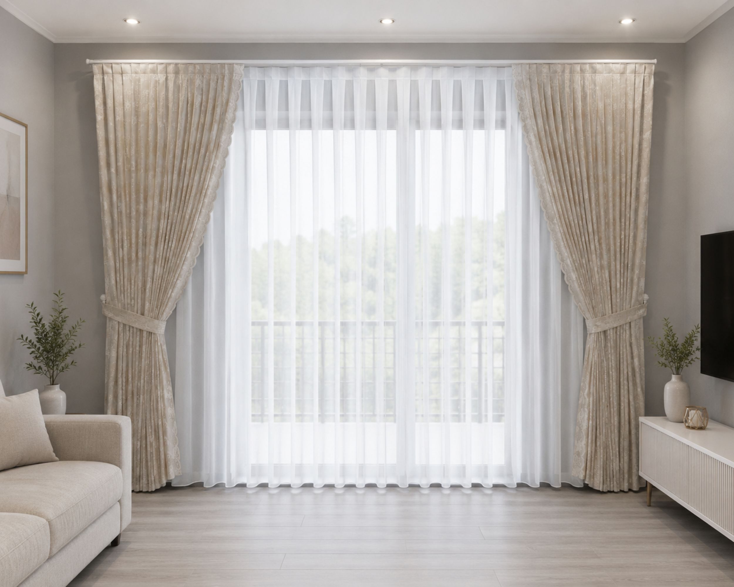 Gardinen by Justyna Vorhang Beige Gardine Komplett Set mit Weiße (5 St), Kräuselband, transparent, Polyester, Fertiggardine,Hochwertiggardine,Turkischegardine,Perde,Tüll