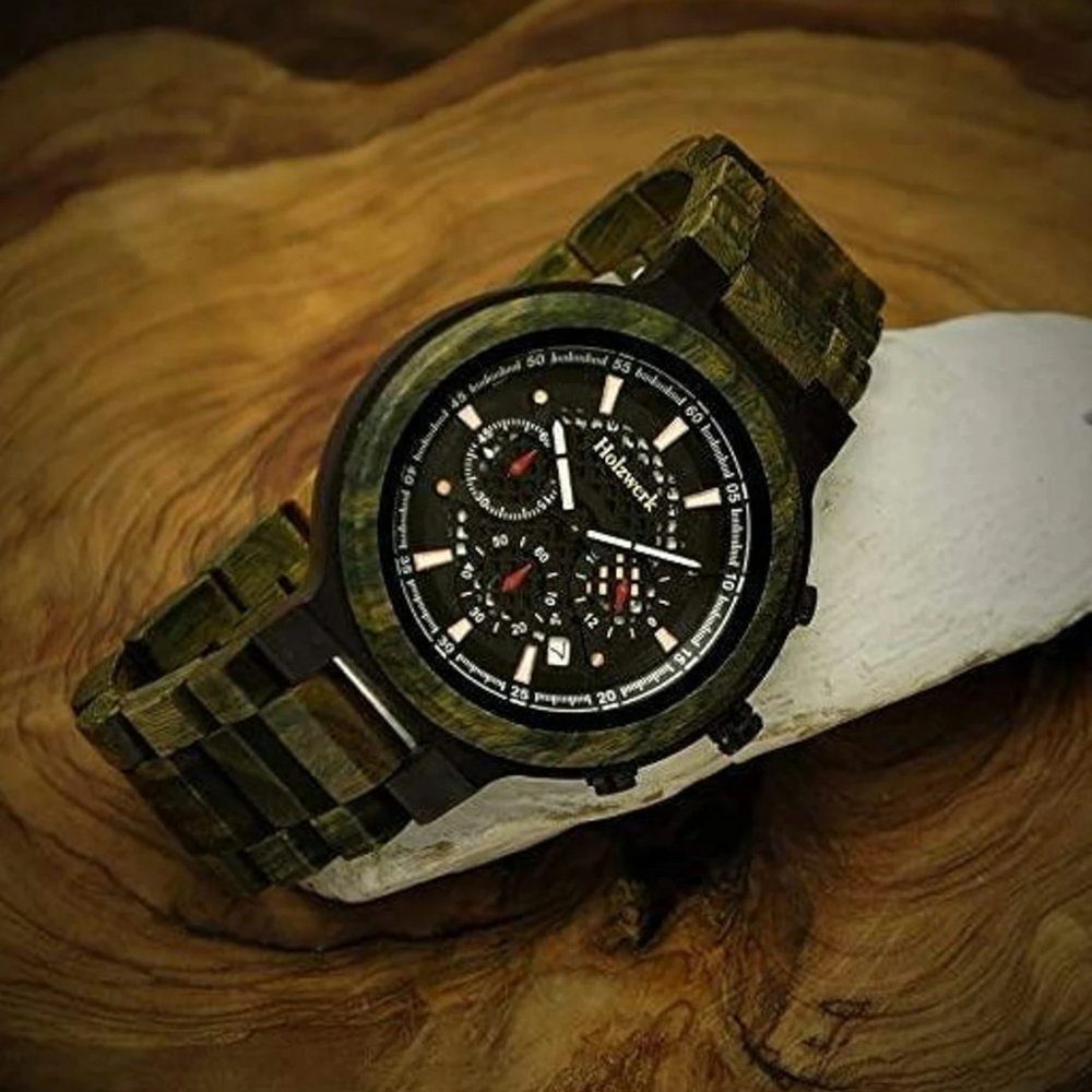 Holzwerk Chronograph BALINGEN Herren Holz Armband Uhr mit Datum in oliv grün, schwarz, (Inklusive Armbandkürzer), Holz Unikate, ideal auch als Geschenk, Hochwertiges Quarzwerk