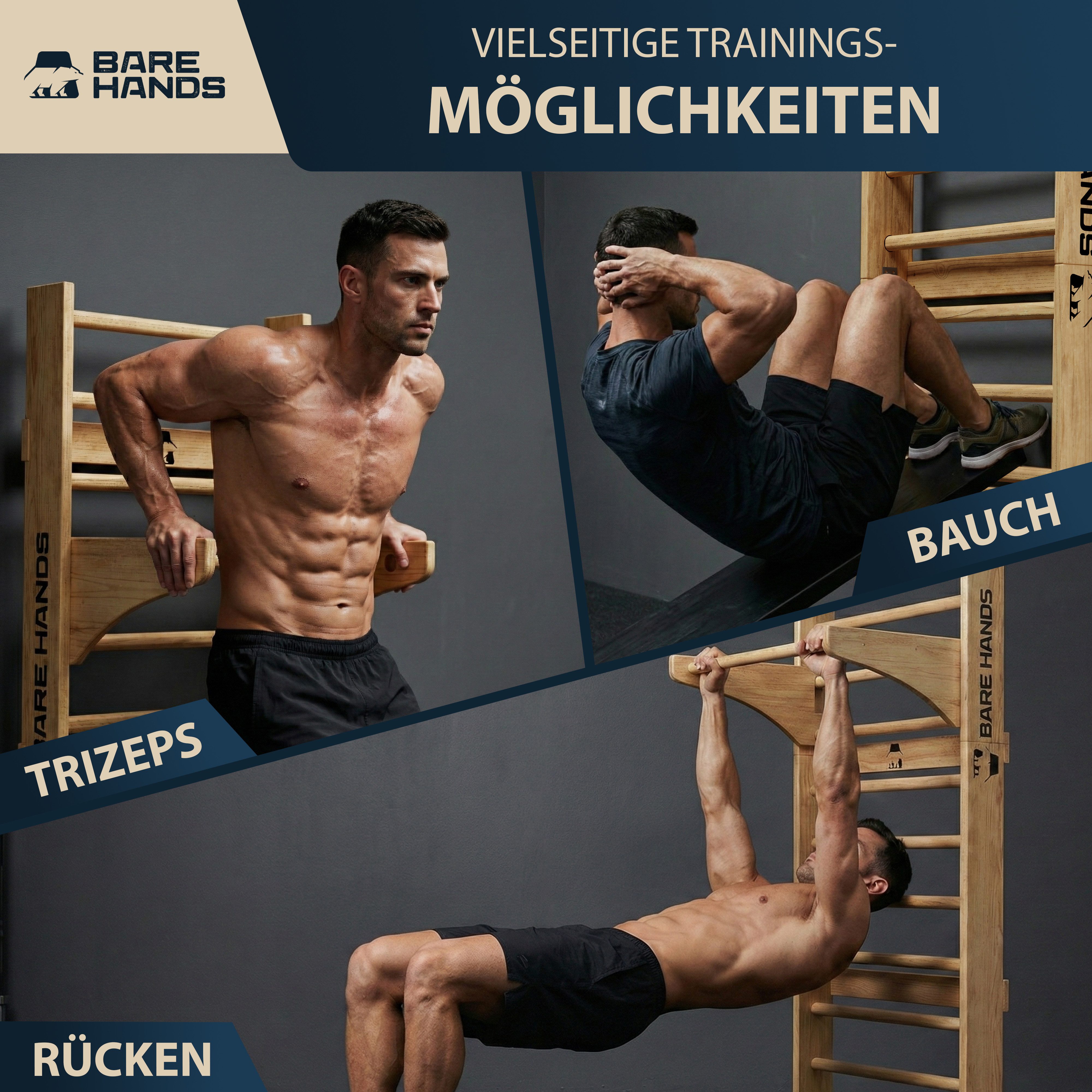 Bare Hands Sprossenwand 3in1 Sprossenwand bis 200kg für Erwachsene & Kinder, Bis 200 kg