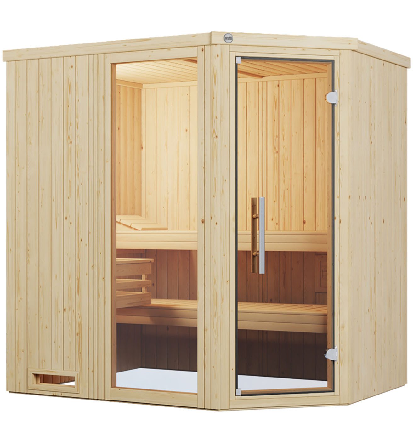 weka Sauna Element-Ecksauna VARBERG 1, BxTxH: 194 x 144 x 199 cm, 68 mm, vorgefertigte Elemente, Fensterelement, moderne Ganzglastür