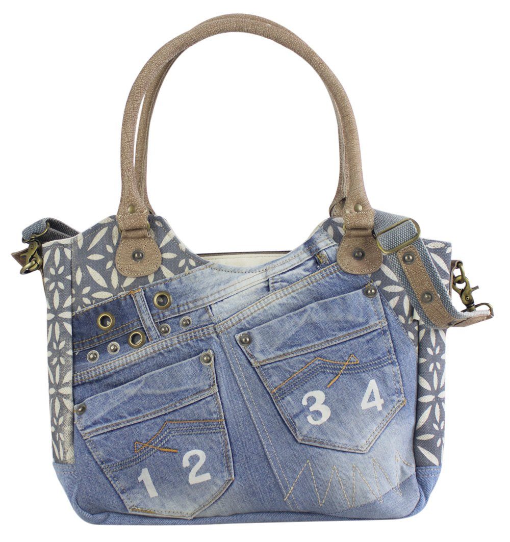 Sunsa Handtasche Schultertasche aus recycelter Jeans Shopper Umhängetasche, echt Leder, Upcycling Jeans, abnehmbare Henkel