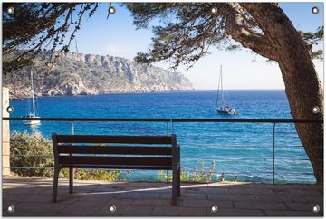 Wallario Sichtschutzzaunmatten Einsame Bank am Meer - Spanien im Sommer