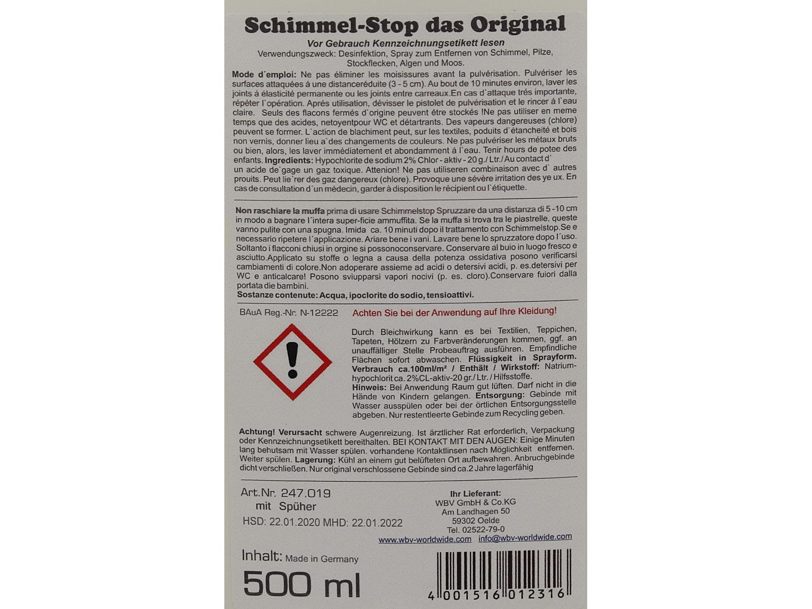 WBV - Westdeutscher Bindegarn-Vertrieb Eselgrimm GmbH & Co. KG Schimmel Stop Spray - DAS ORIGINAL - Sprühflasche 500 ml Schimmelentferner