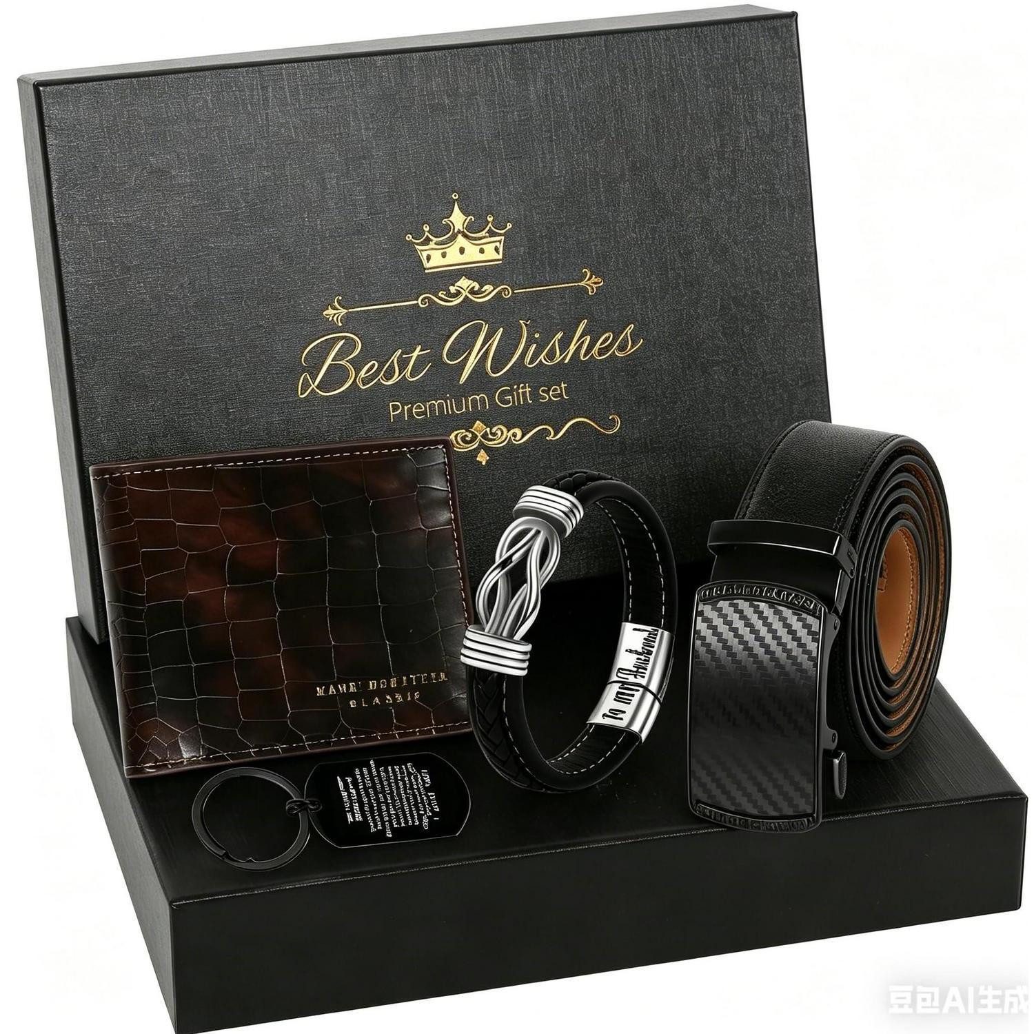 LuxusKollektion Geschenkbox Herren Geschenkset mit Gürtel Brieftasche Armband Schlüsselanhänger