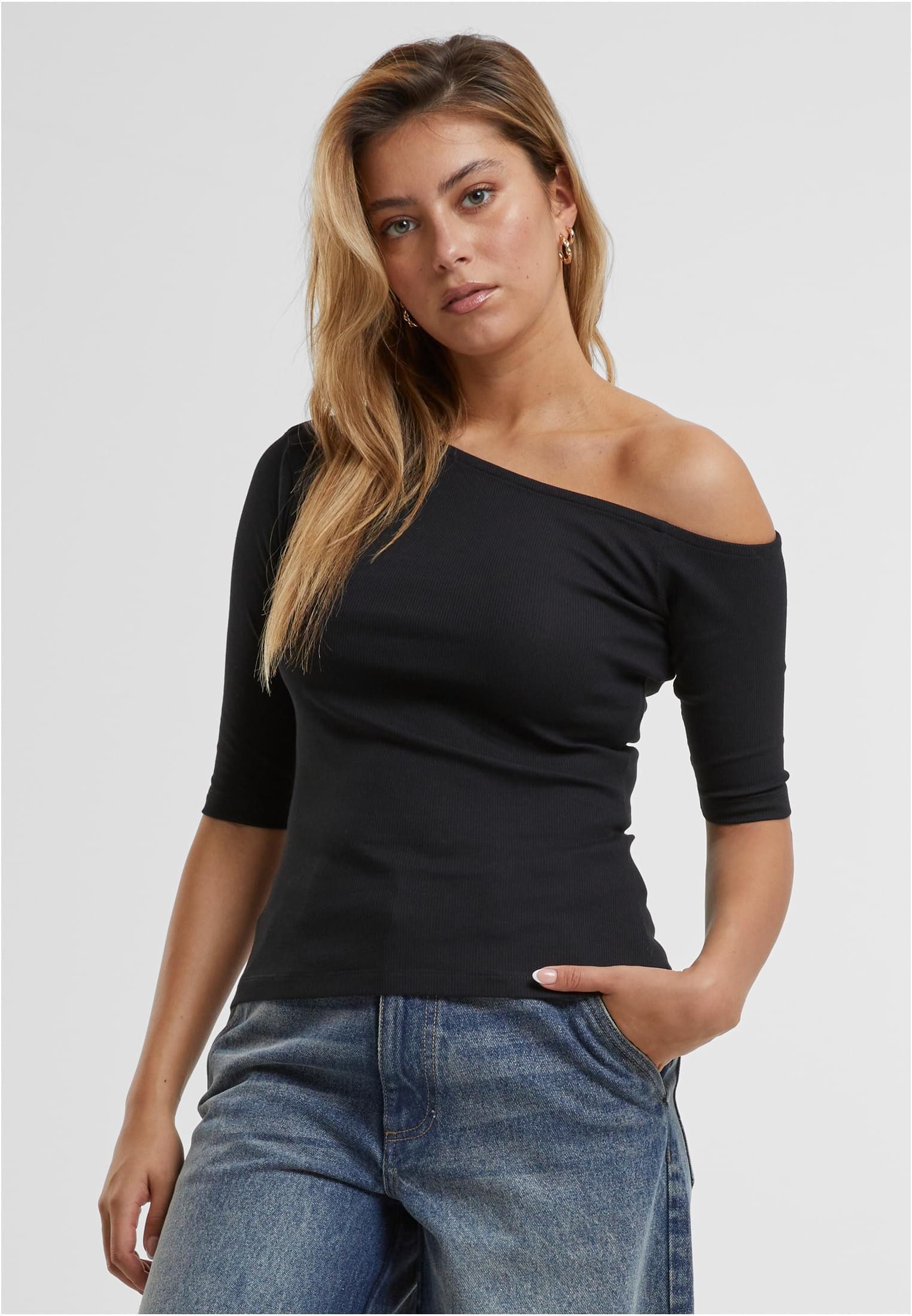 URBAN CLASSICS Rundhalsshirt Ladies Organic Asymmetric Rib Tee Damen Shirt günstig online kaufen