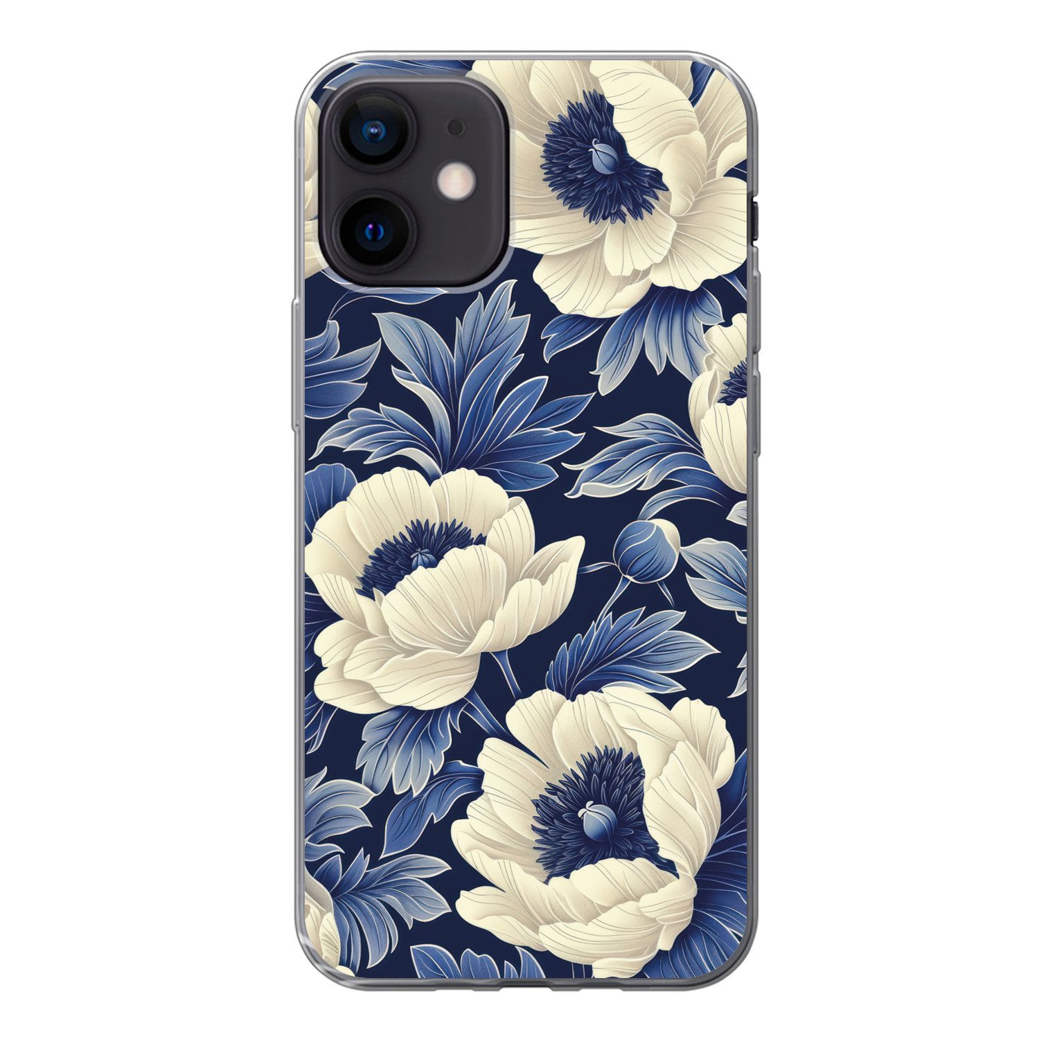 MuchoWow Handyhülle für Apple iPhone 12 Blumen - Muster - Blau - Weiß, Smartphone-Bumper, Print, Handy Schutzhülle Dünn