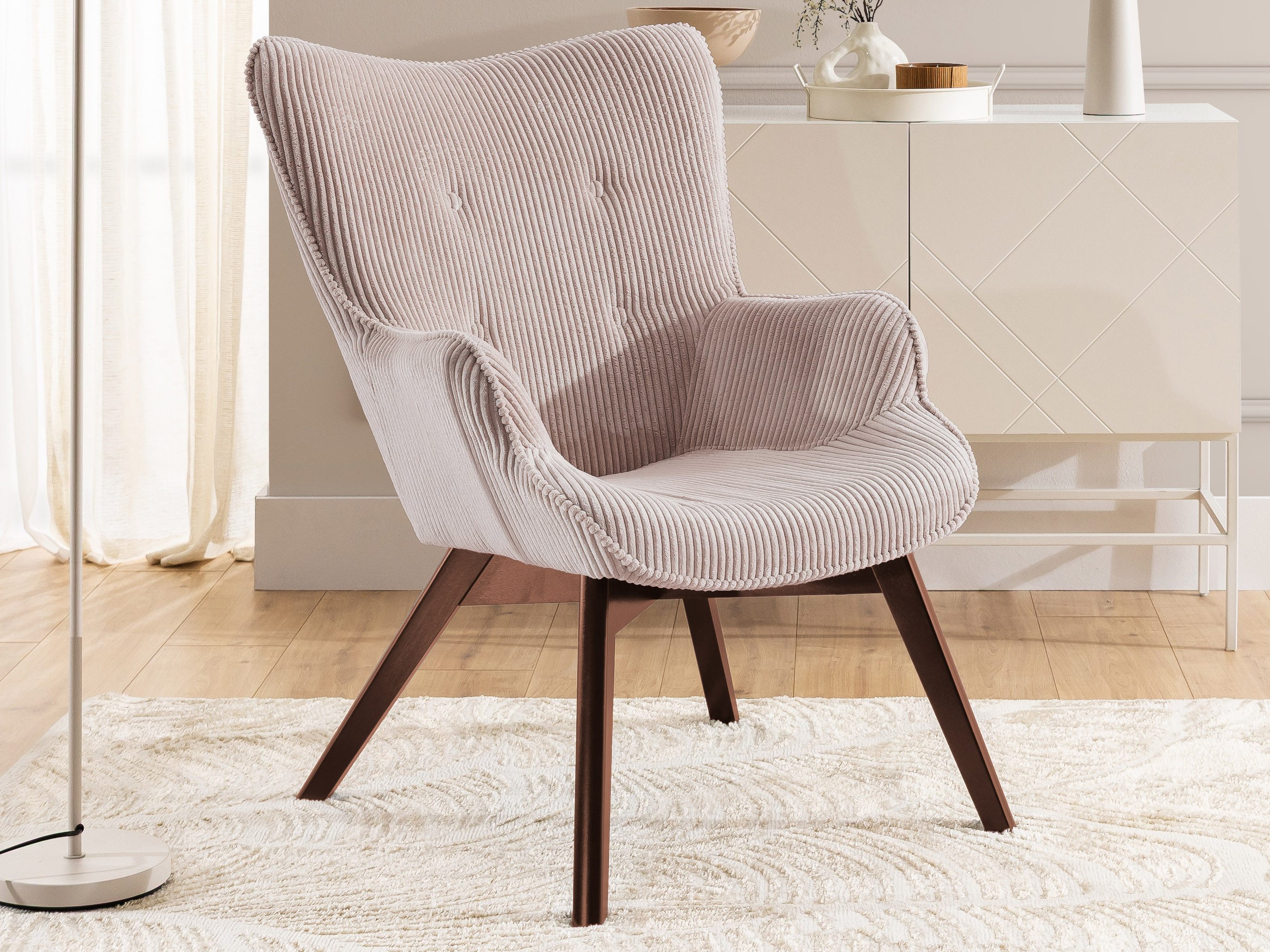 S-Style Möbel Loungesessel Lenari aus Cordstoff mit Füßen aus Massivholz in Natur oder Braun (1 x Lounge-Sessel)