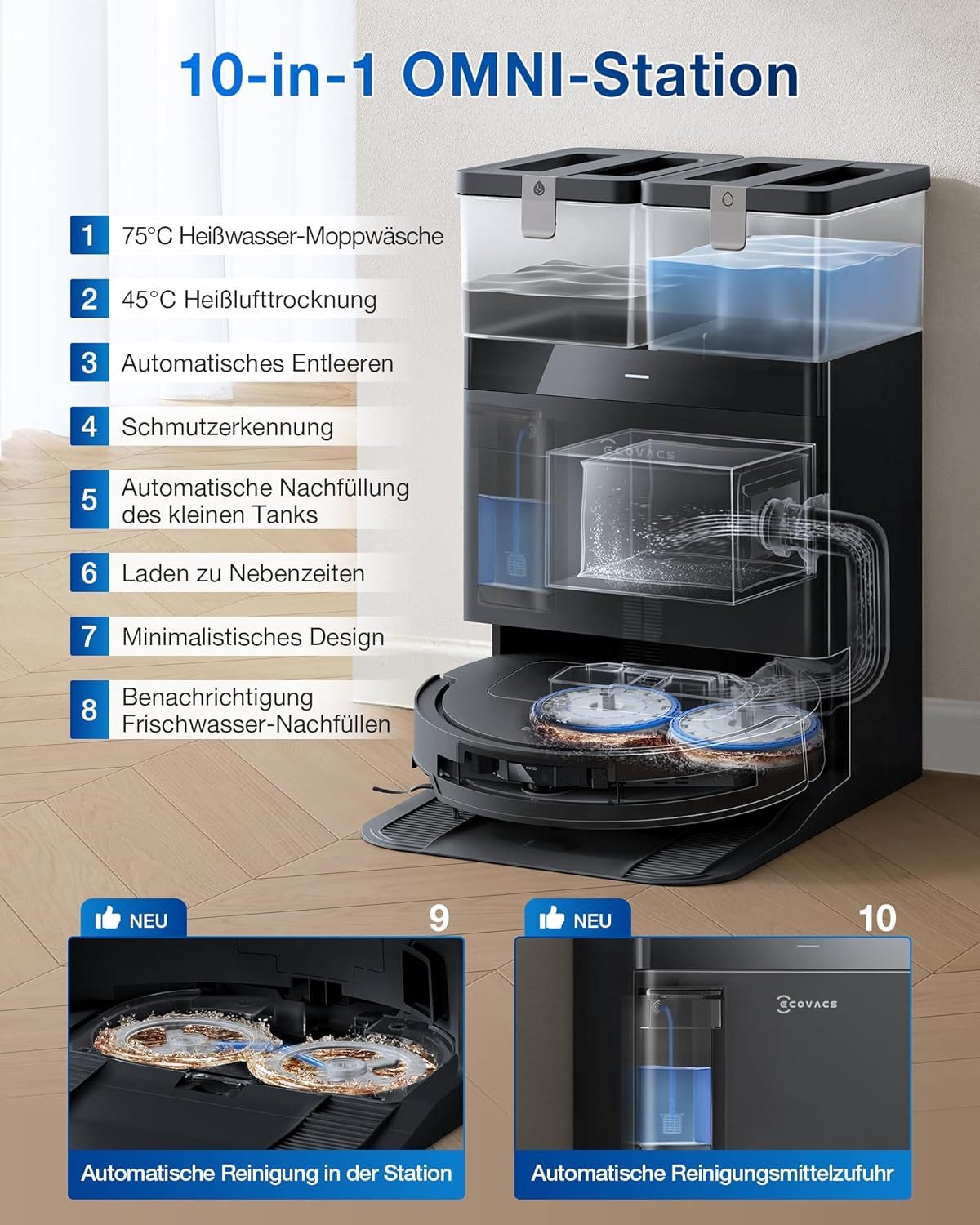 Thumbnail - ECOVACS Saugroboter DEEBOT T50 PRO Omni Staubsaugerroboter mit Mop-Funktion, 40,00 W, verlängerte Seitenbürste und Mop, ...
