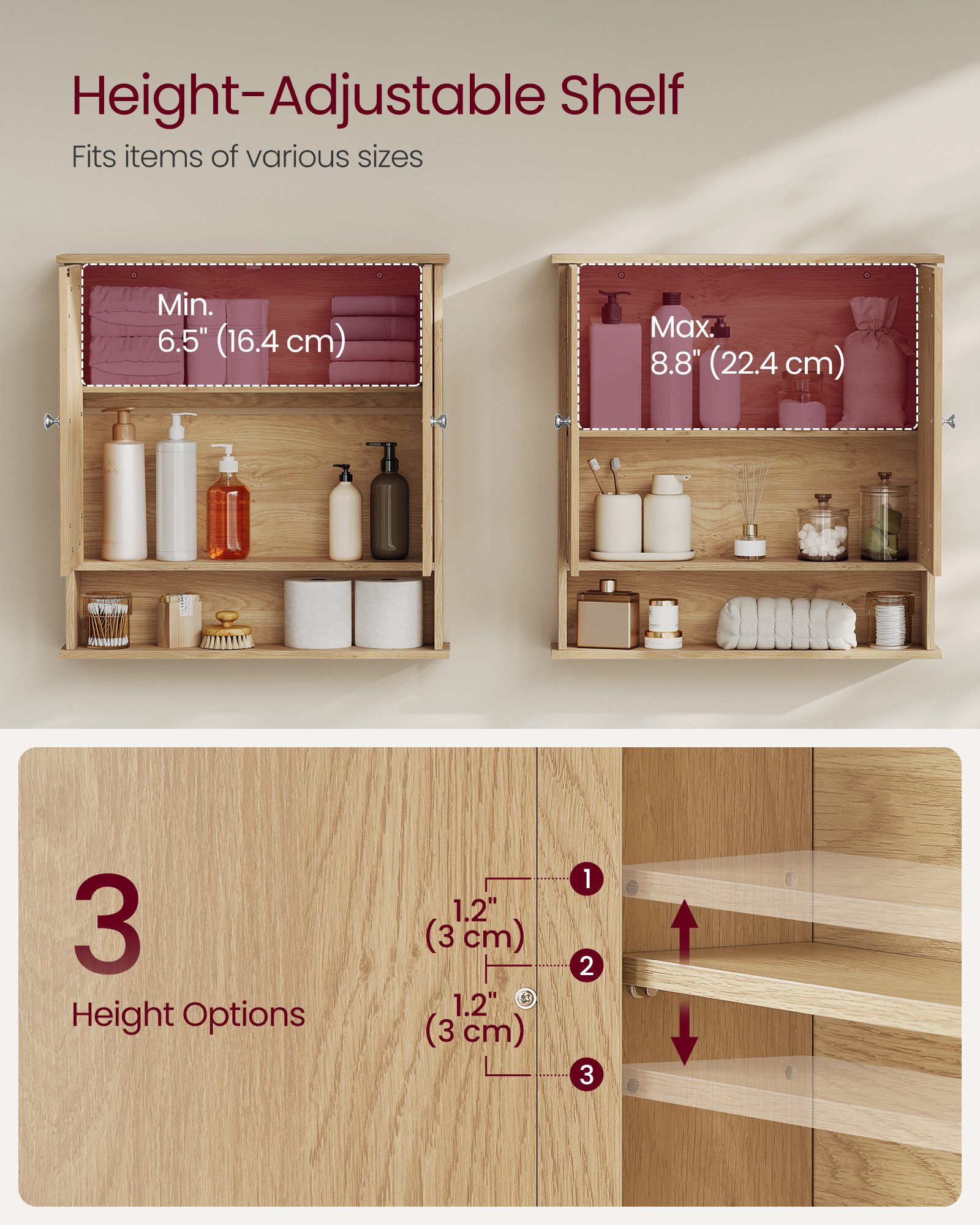 VASAGLE Spiegelschrank Badschrank, Wandschrank, Hängeschrank, Wandmontage mit 2 Spiegeltüren und offenem Fach, 56.5 cm x 58.5 cm x 13 cm