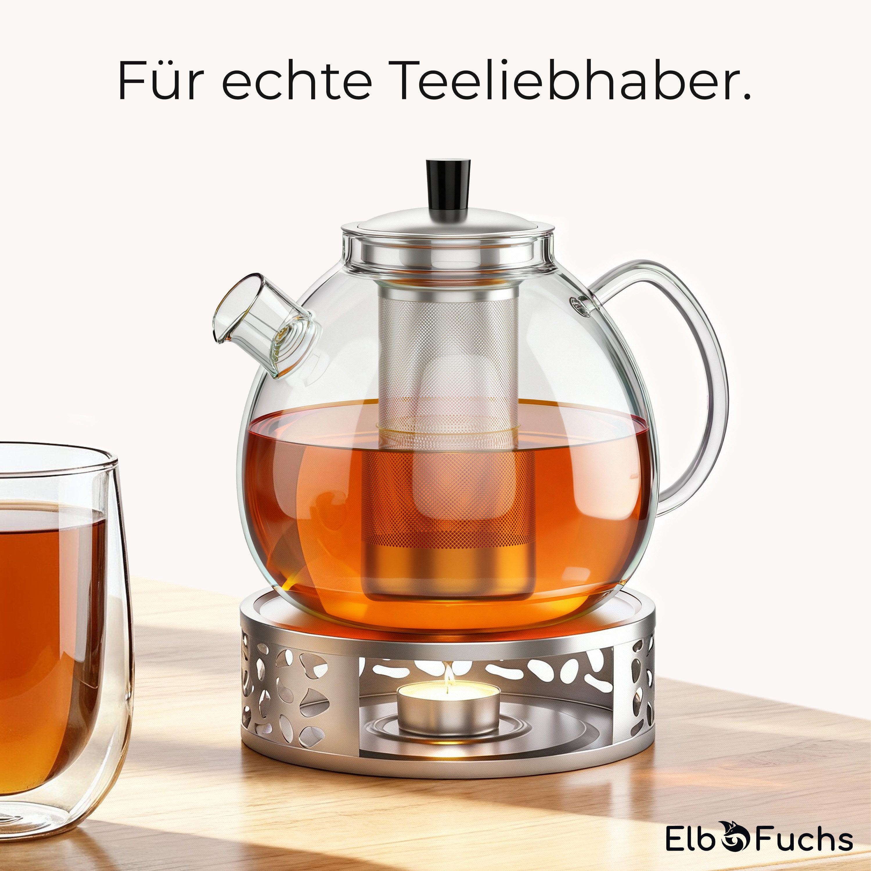 ElbFuchs Teekanne mit Siebeinsatz und Stövchen, 1,5 l, (Set), herausnehmbarer Edelstahl-Filter, tropffreier Ausguss