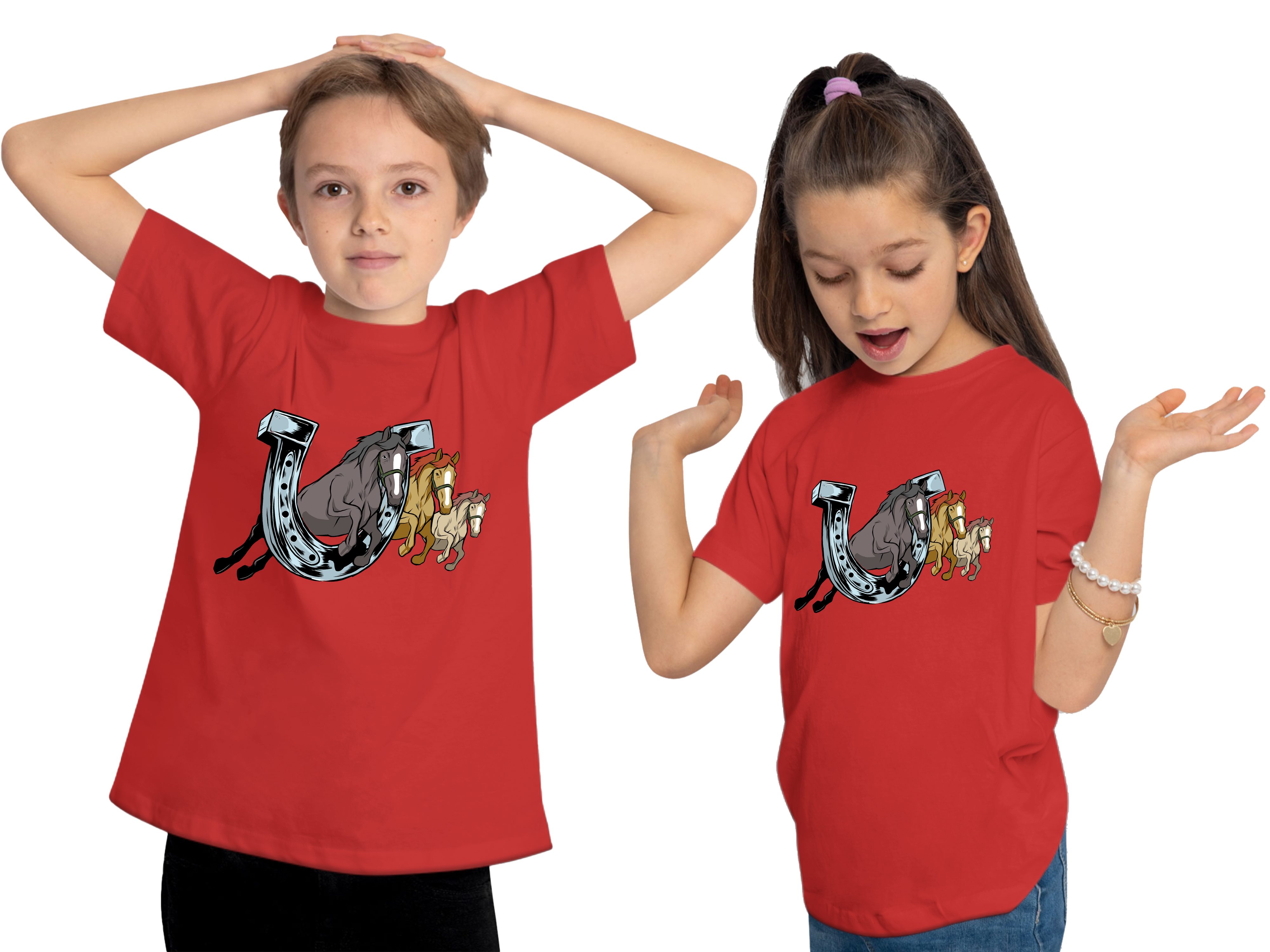 MyDesign24 Print-Shirt bedrucktes Mädchen T-Shirt drei springende Pferde durch ein Hufeisen Kurzarm Baumwollshirt mit Aufdruck i145
