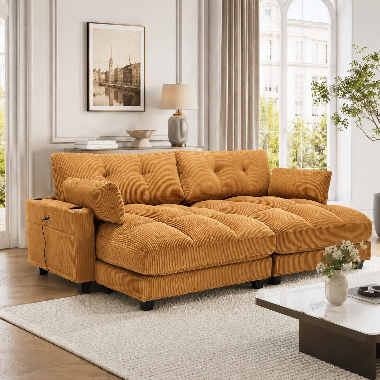 Celya Sofa 2-Sitzer, teilbar in 2 Einzelsitze, mit 2 Kissen, mit 4 Getränkehaltern, 4 Seitentaschen, USB-Ladeanschlüssen an den Armlehnen