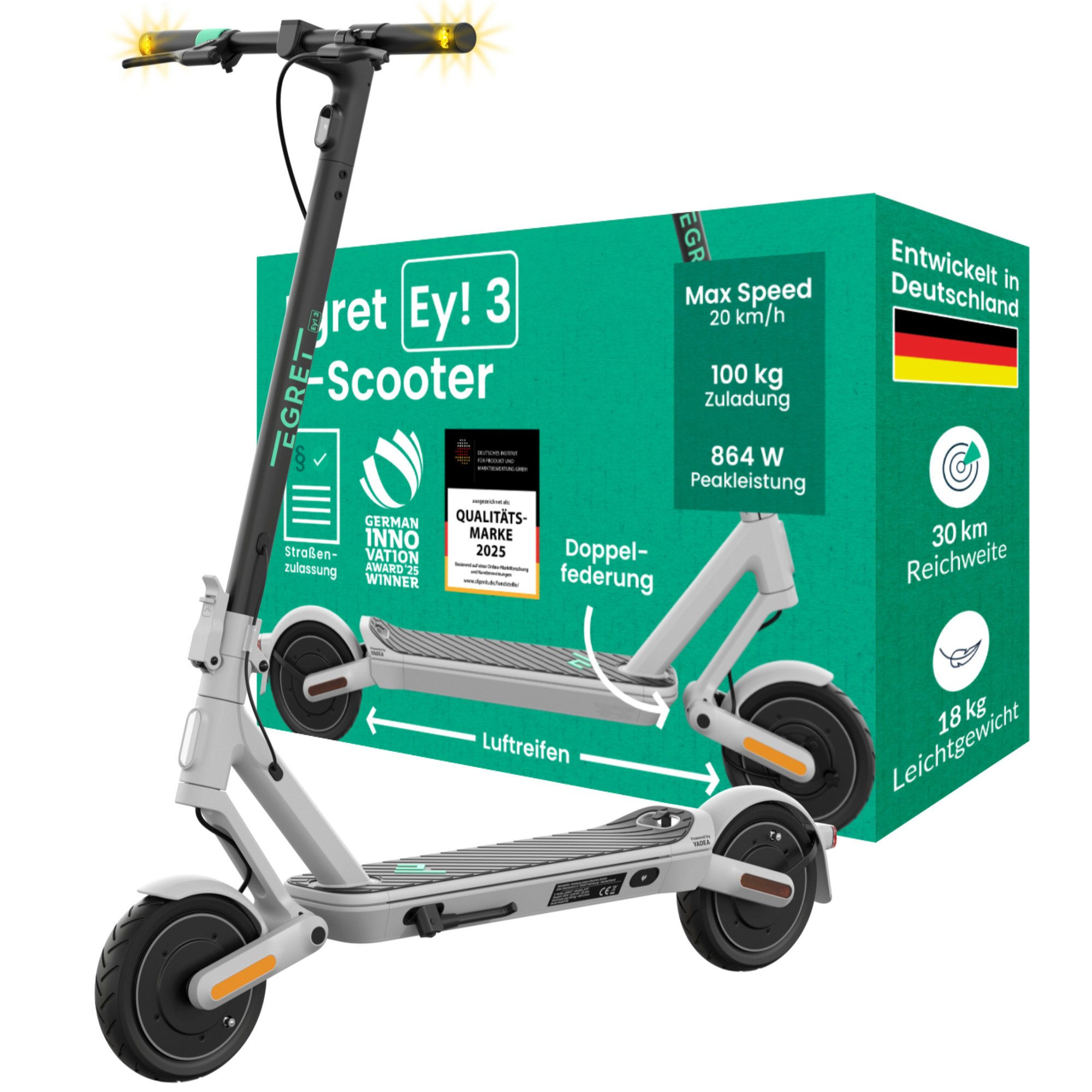 Egret E-Scooter Ey! 1,2,3,6,S mit Straßenzulassung, Blinker, 500 W, 20 km/h, 30-65 km Reichweite, Entwicklung & Service aus Deutschland