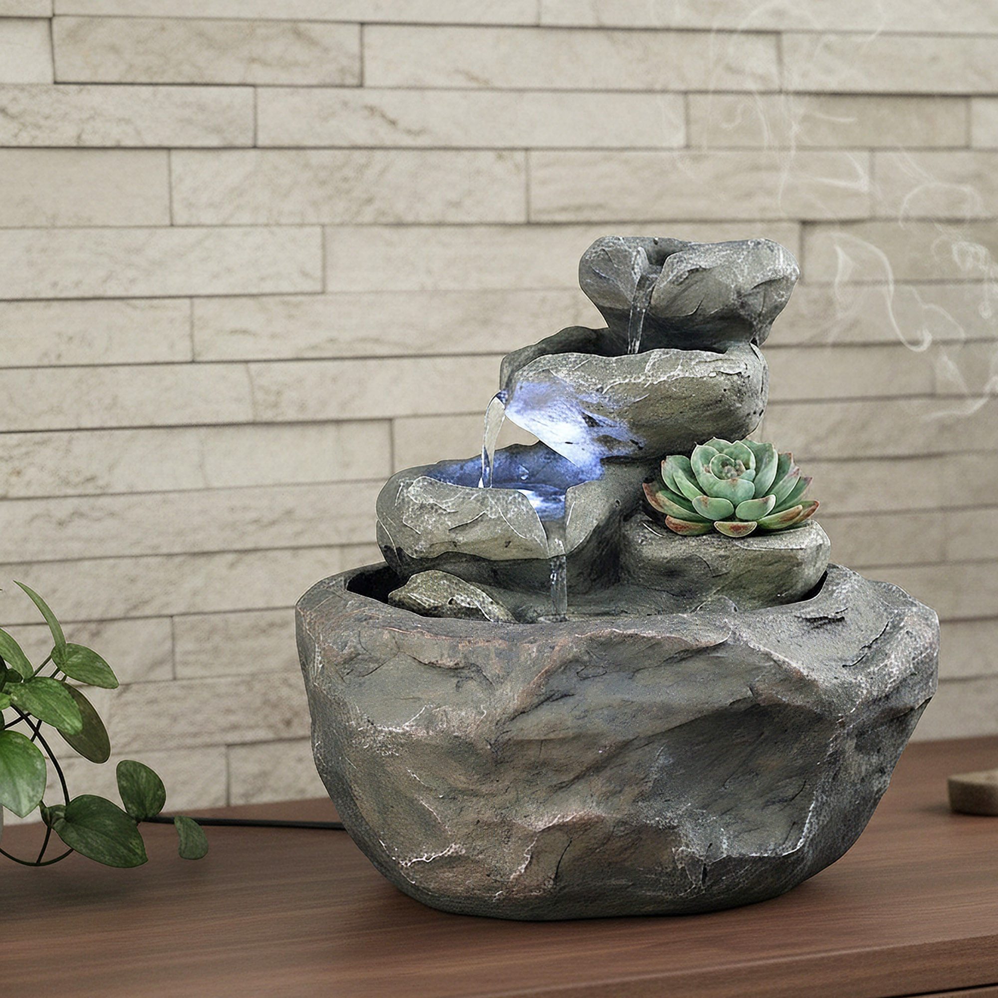 Arnusa Zimmerbrunnen Tischbrunnen Fels-Optik Wasserfall mit LED Beleuchtung Deko Brunnen, Wasserbecken BxT: 26x23 cm, Wasserspiel Wohnzimmerdeko kleiner Wasserfall-Brunnen