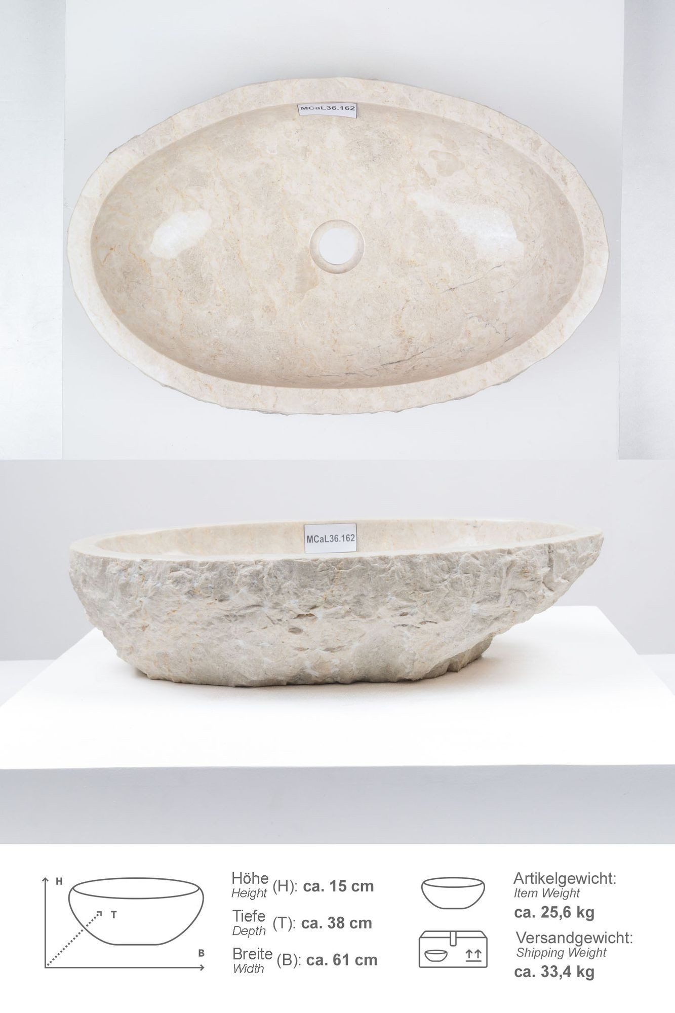 wohnfreuden Aufsatzwaschbecken Erosi Marmor Waschbecken 60 cm creme (Kein Set), 102276_MCaL36.162