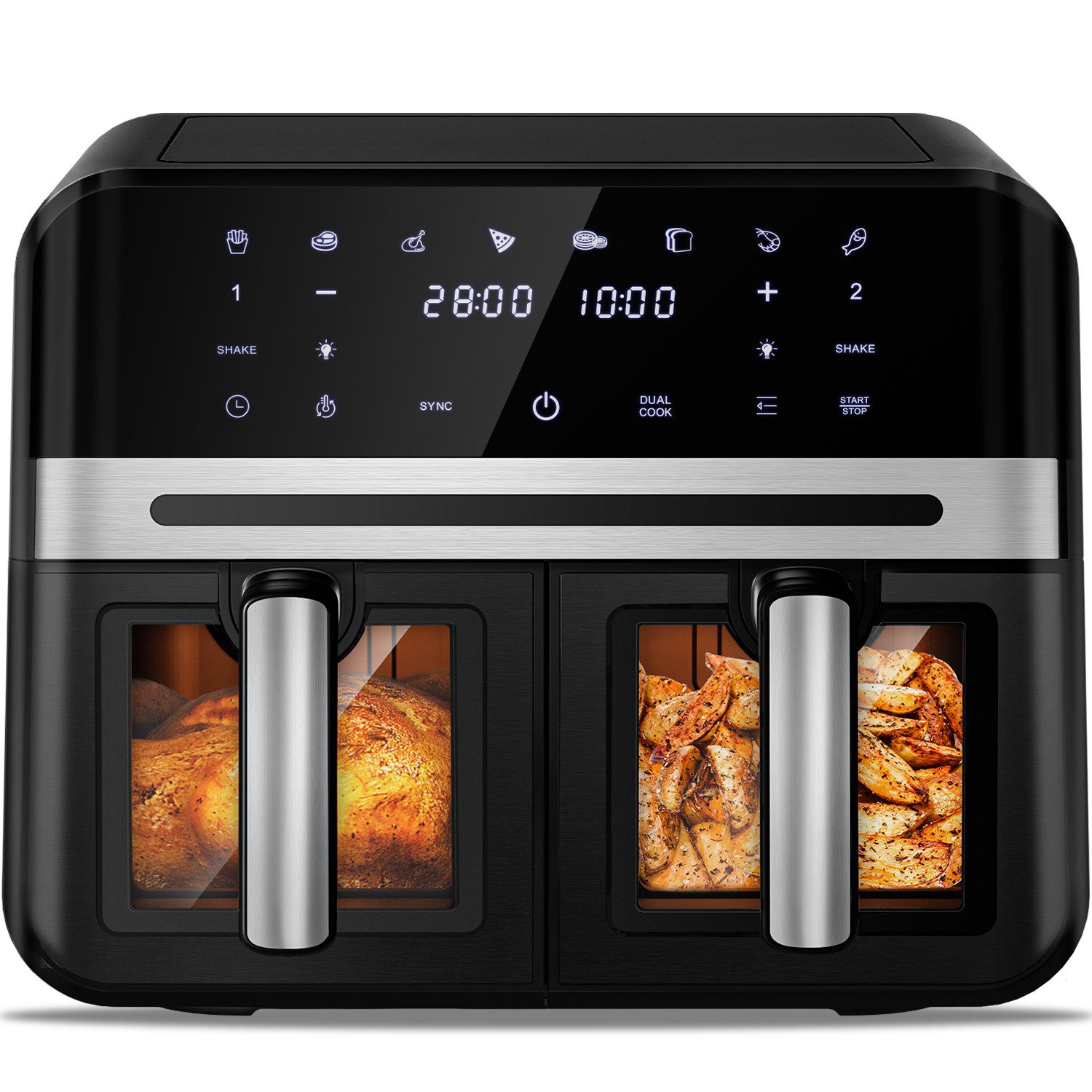 Fukstern Heißluftfritteuse,Heißluftfritteuse 2 Kammern, Airfryer 9L mit 8 voreingestellte Programme,Touchdisplay,Unabhängige Temperaturregelung, 2400 W, Antihaft-Metallkörbe,4.5L+4.5L,fettarmes gesundes Kochen