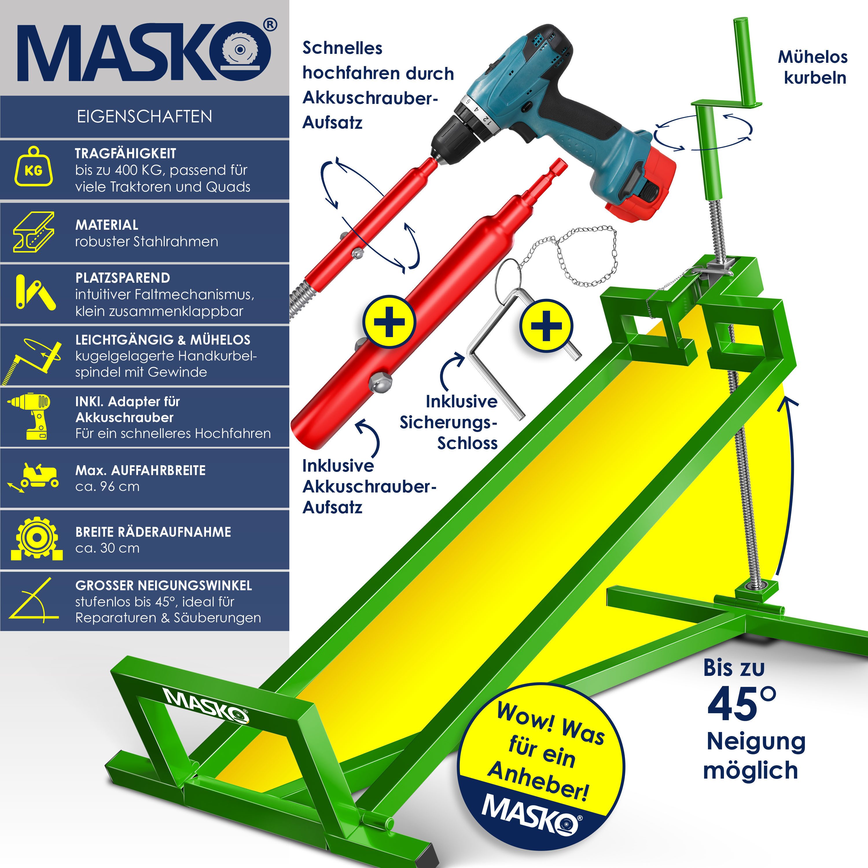 MASKO Rasentraktor Heber 450kg Hebevorrichtung für Aufsitzmäher mit Adapter inkl. Bürste, Rasentraktorheber, universelle Reinigungshilfe, Hebebühne für Quad