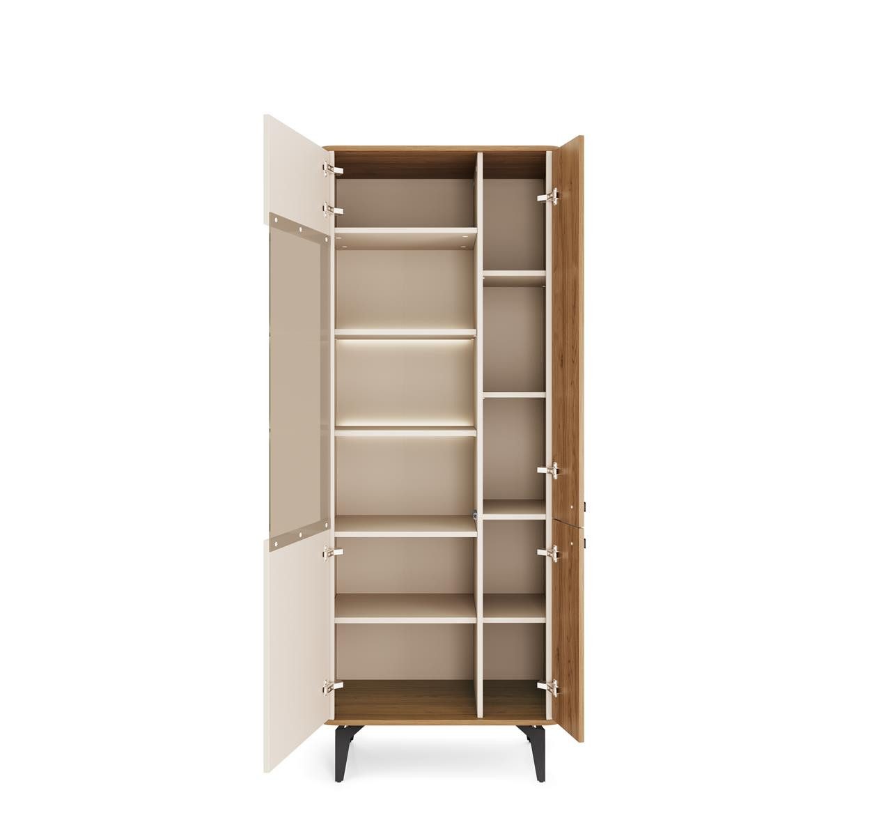 Compleo Standvitrine zwei Türen, Nussbaum/Kaschmir, Perfekt Esszimmer LED als option