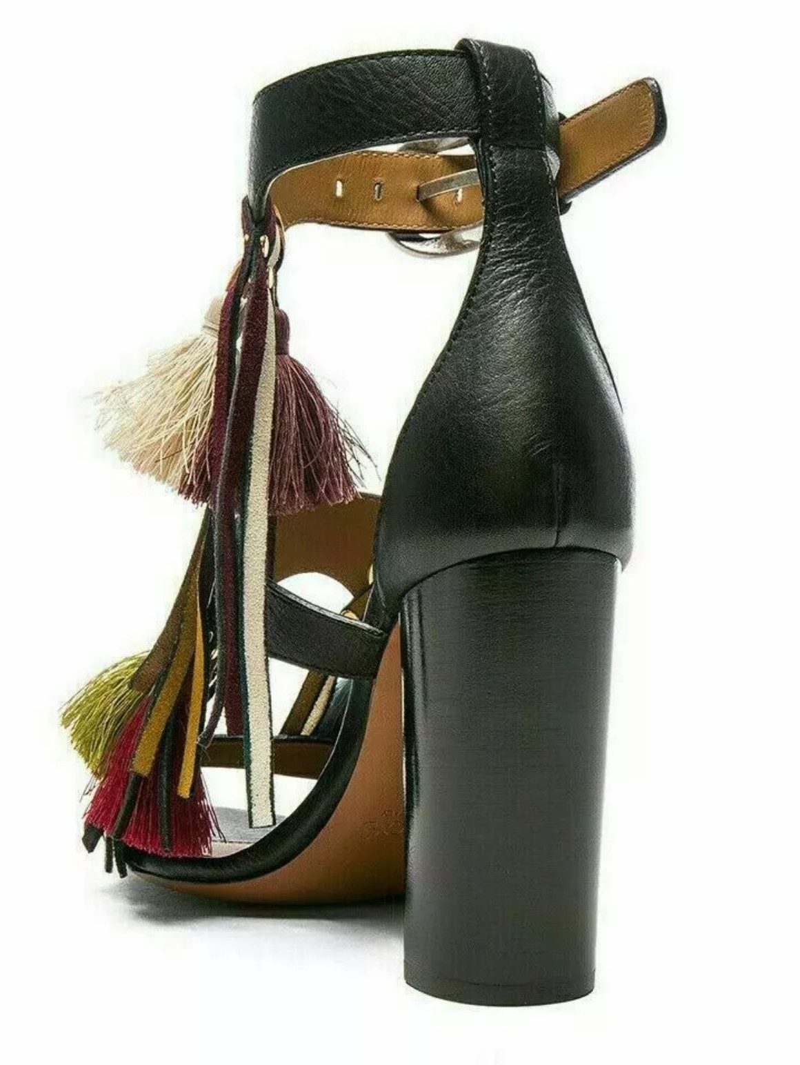 Chloé Miki High Heel Sandaletten Leder, Quasten, 90mm Blockabsatz High-Heel-Pumps strukturiertem Kalbsleder, mit dekorativen Fransen-Details