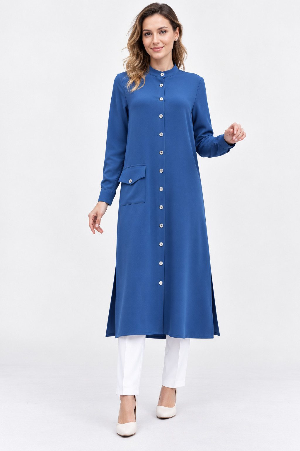 fashionshowcase Longtunika mit Knopfleiste und Stehkragen, lang geschnitten mit Seitenschlitzen Modest Fashion, bedeckender Schnitt, elegante Longform