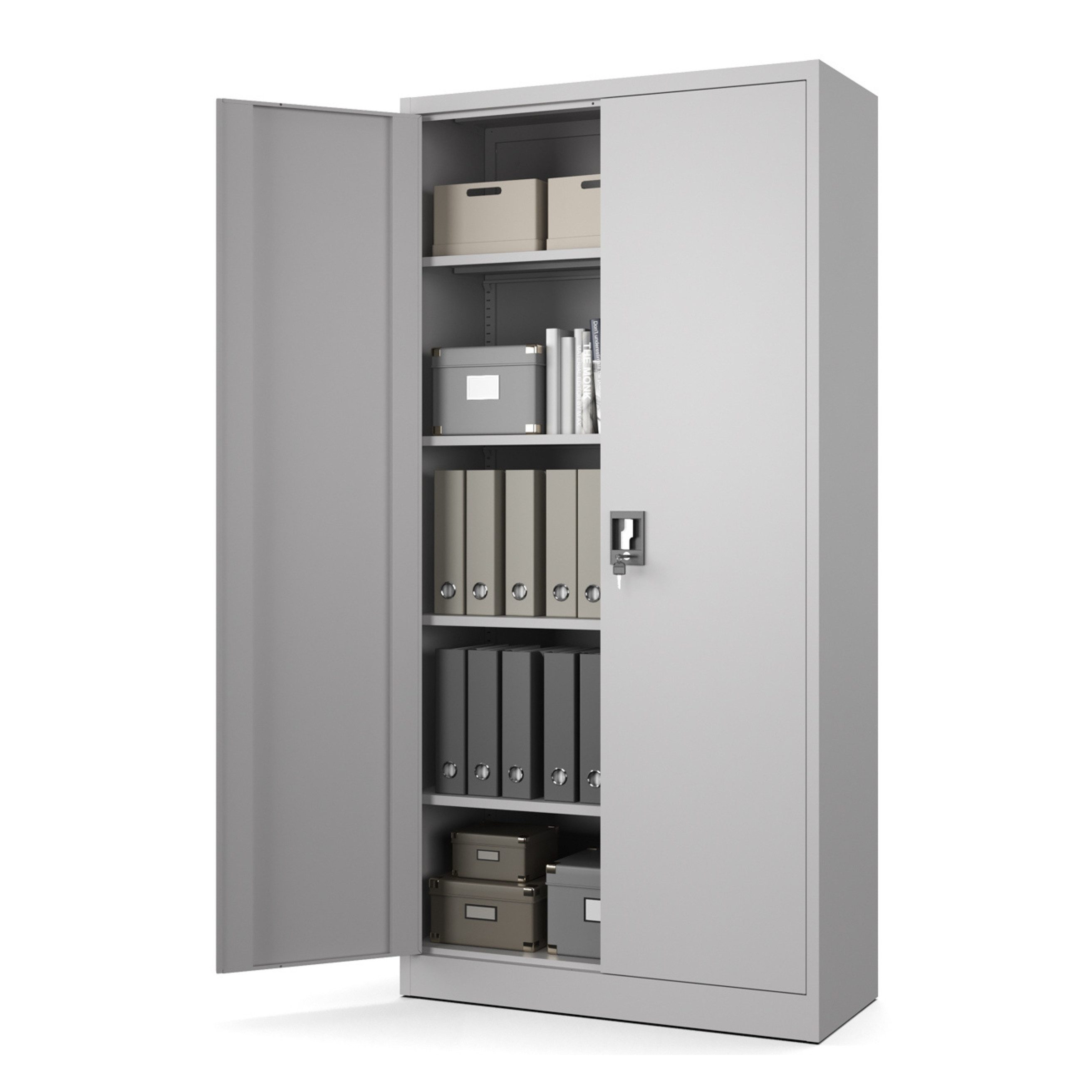 Muralo Aktenschrank Metallschrank für Dokumente, Doppeltür mit Schloss, ideal für Büro (1-St., 50 kg Traglast, 185×90×40 cm) Zwei Schlüssel, Doppeltür, passt 50 Ordner, 4 verstellbare Regale
