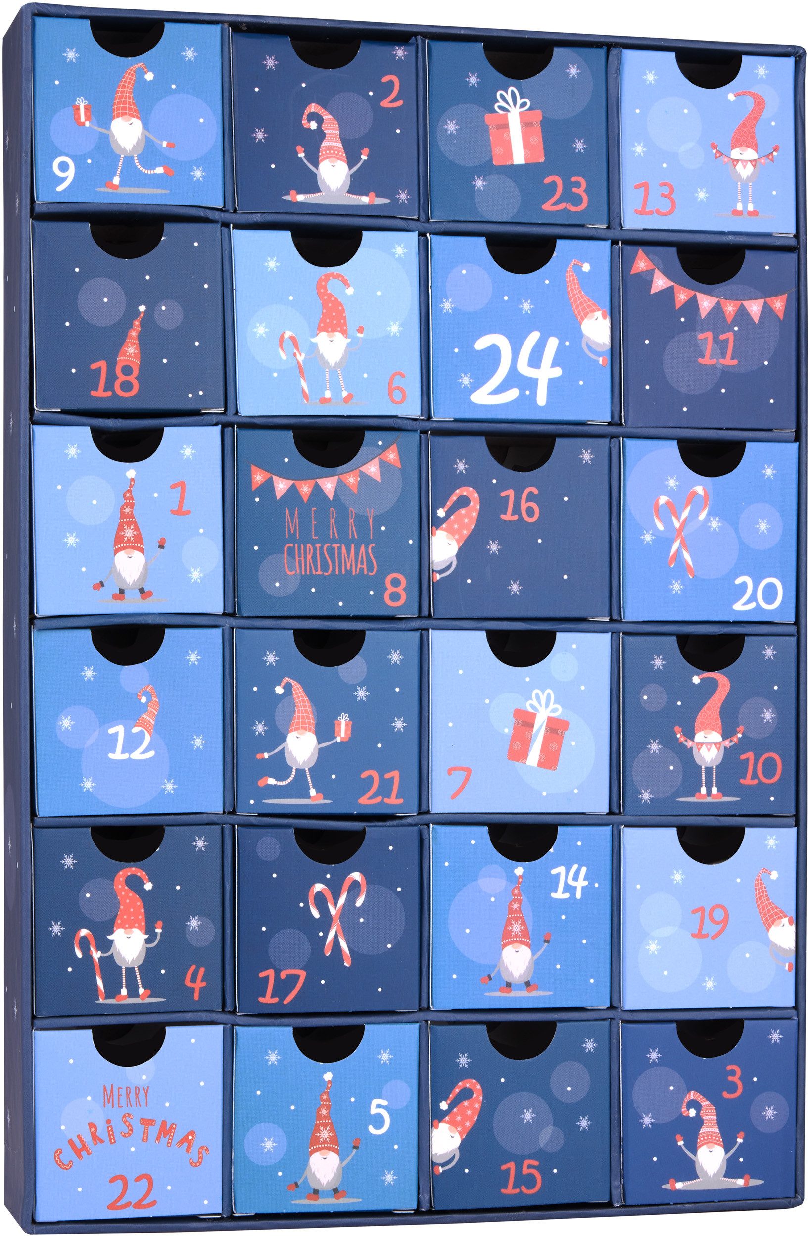 BRUBAKER befüllbarer Календарі DIY Weihnachtskalender mit 24 Türchen zum Befüllen Wichtel Zwerge Blau (Wiederverwendbar, 1-tlg), Kalender für Gutscheine Süßigkeiten 32,5 cm Pappe