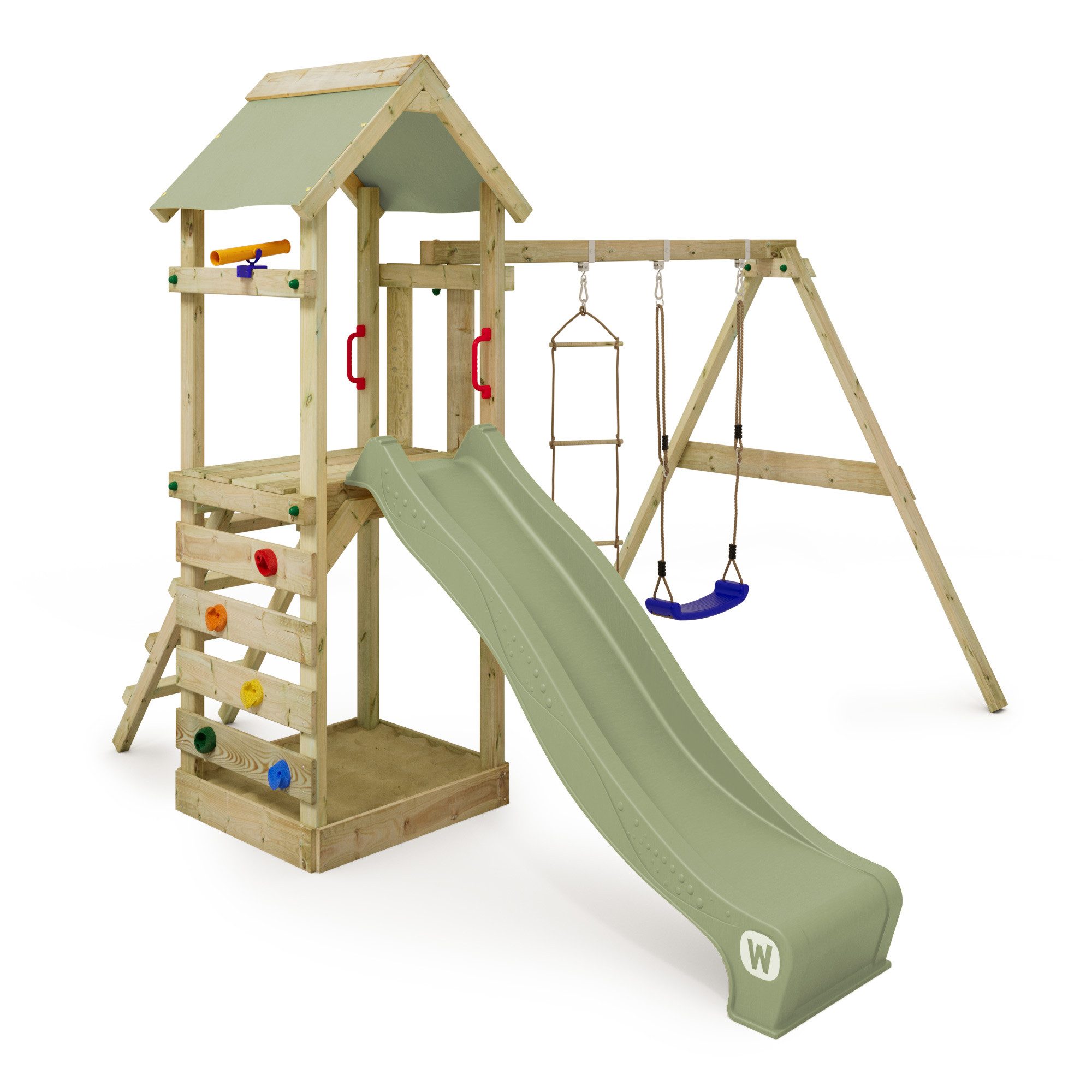 Wickey Spielturm FreeFlyer – Klettergerüst mit Sandkasten, Rutsche & Kletterwand, Erweiterbar mit weiterem Zubehör & Anbauteilen mit 10 Jahren Garantie*