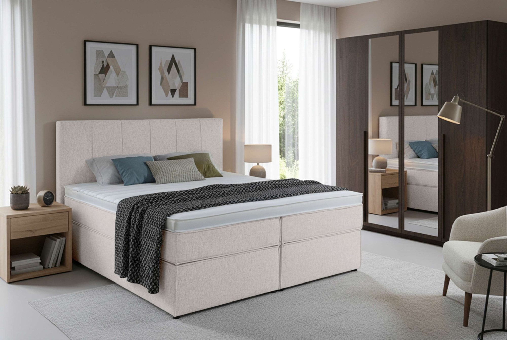 Home affaire Boxspringbett Leon, Doppelbett, Polsterbett, Federkernbett, Komfortbett, 160, 180 cm, inkl. 9 cm Topper, 5-Zonen-Taschen-Federkernmatratze in H3