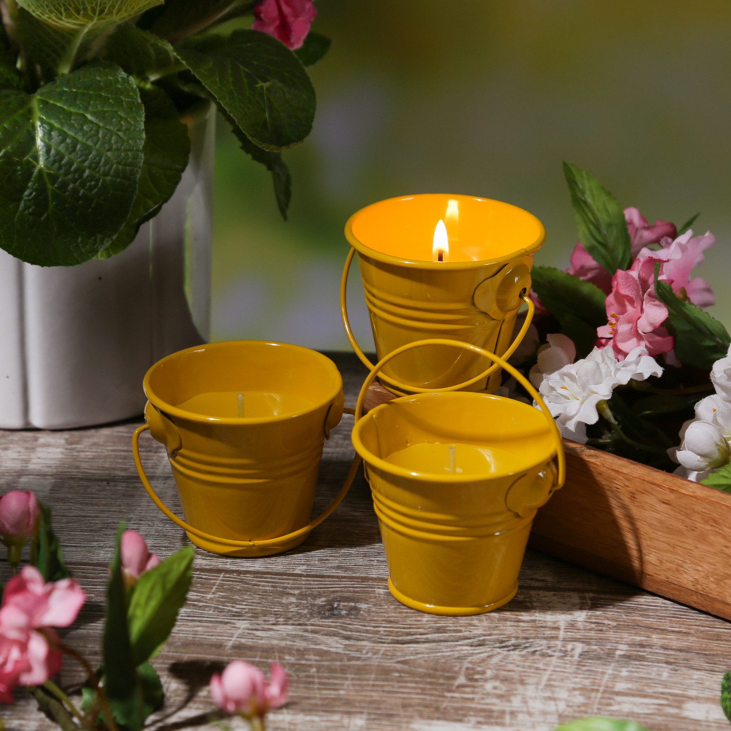 MARELIDA LED-Kerze Duftkerzen Citronella Garten Balkon Outdoorkerzen im Metalleimer 3St. (3-tlg)