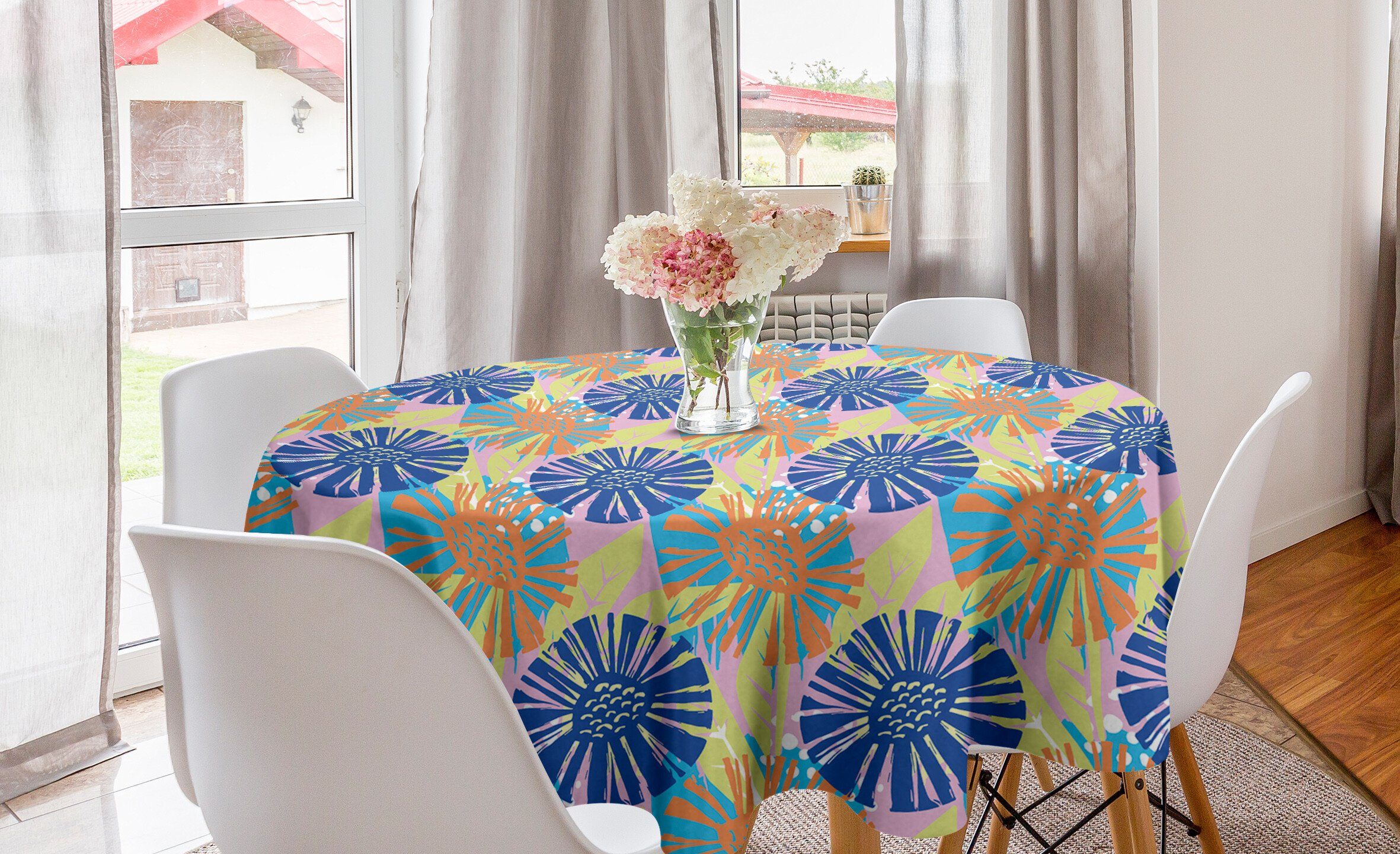 Abstrakt Tischdecke Theme Abakuhaus Küche Abdeckung für Meadow Dandelion Dekoration, Tischdecke Kreis Esszimmer
