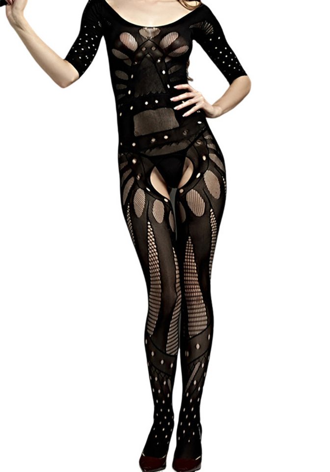 Lovolotti Bodystocking-Ouvert Transparenz Bodystocking Netz Nylon LO-L48 Offener Catsuit Damen Reizwäsche Spitzen Unterwäsche Dessous