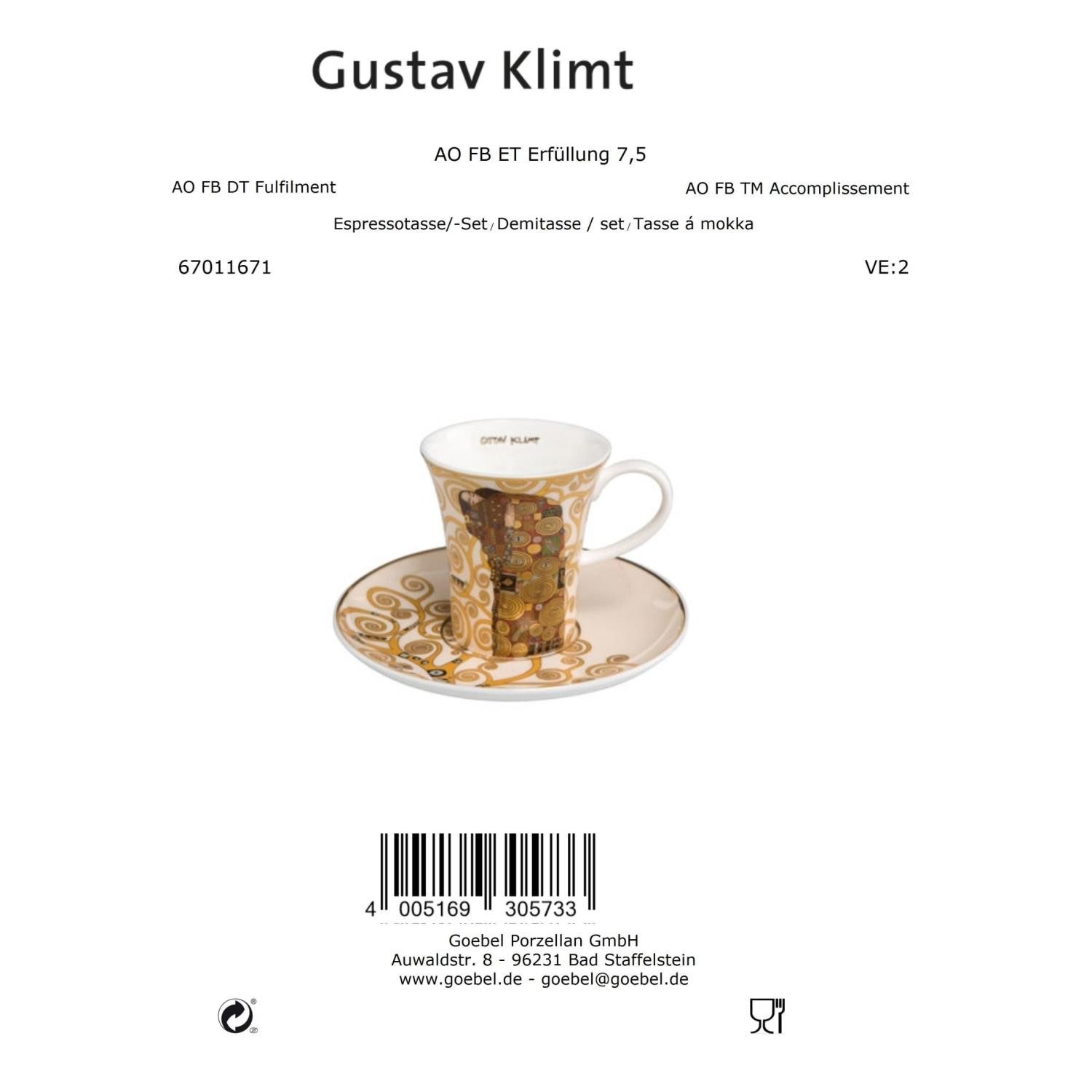 Goebel Espressotasse Gustav Klimt, Porzellan, Echtgolddekor, Gold, Die Erfüllung, H: 8cm
