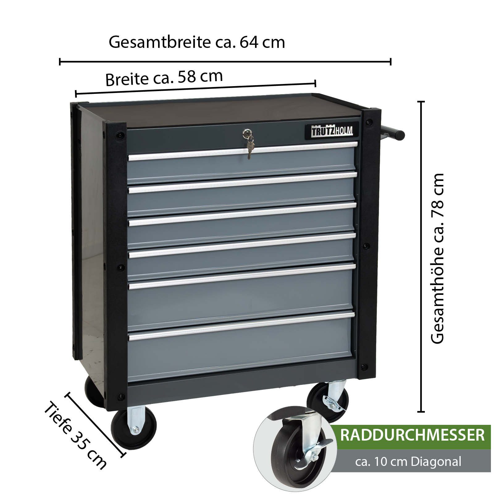TRUTZHOLM Werkstattwagen Werkzeugwagen Trutzi Rollcontainer Werkstattwagen Werkzeugaufbewahrung, auf Rollen, 0-tlg. Werkzeugset, 6 Schubladen,78x64 cm,Grau