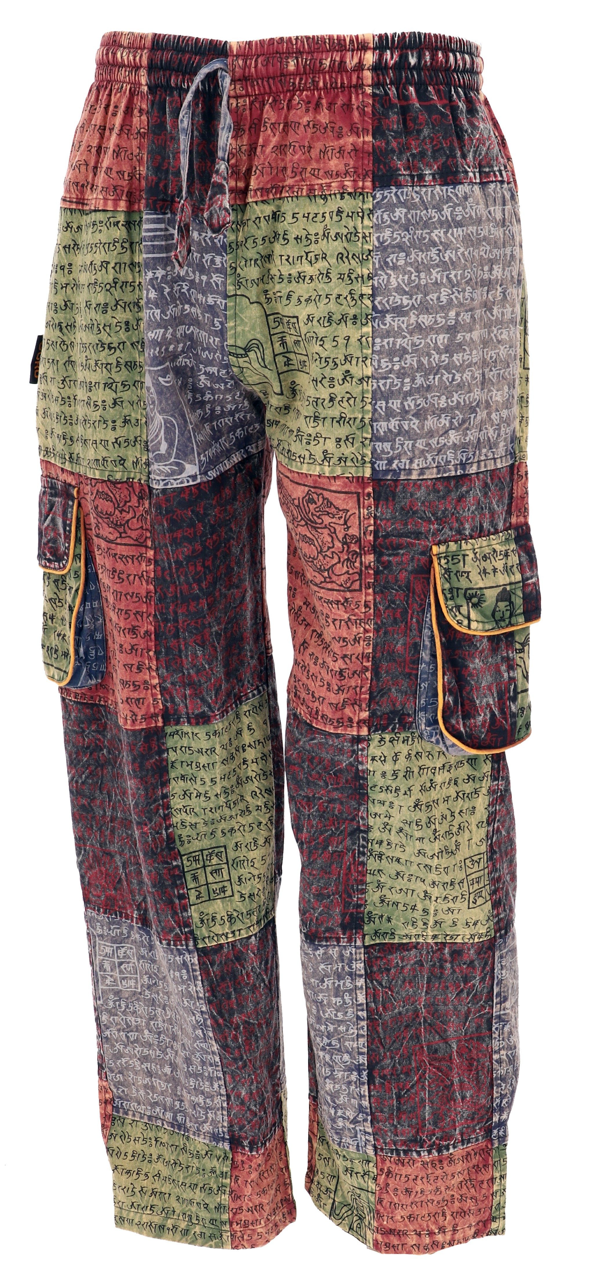 Guru-Shop Relaxhose Patchwork Cargohose, bequeme Mantra Print.. Ethno Style, alternative Bekleidung