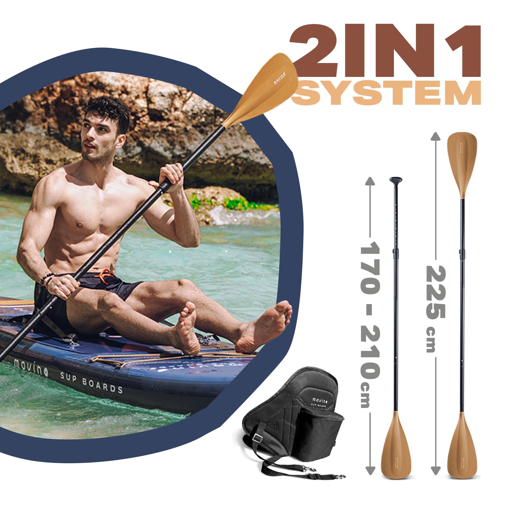 Movino SUP-Board MOVINO GARDA 2in1 Set geschweißte Kanten Traglast 150 kg, All-Round, (Board, Rucksack, Pumpe, Leine, Finne, Paddel, Kajaksitz, Reparaturset) – Bild 4 von 5