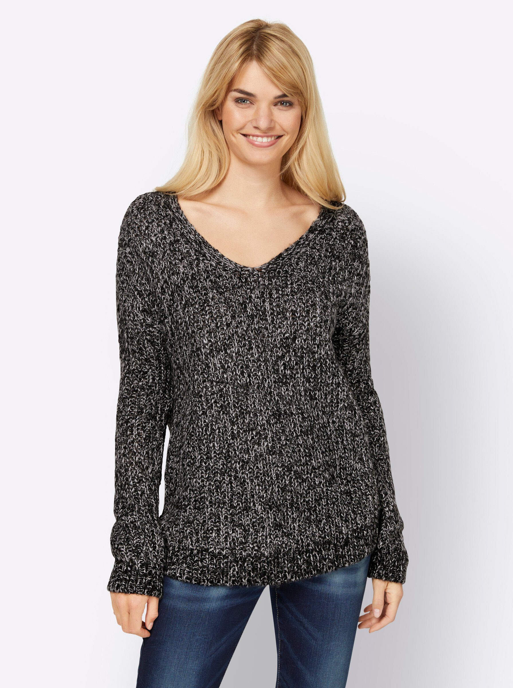 heine Strickpullover schwarz-meliert | V-Pullover