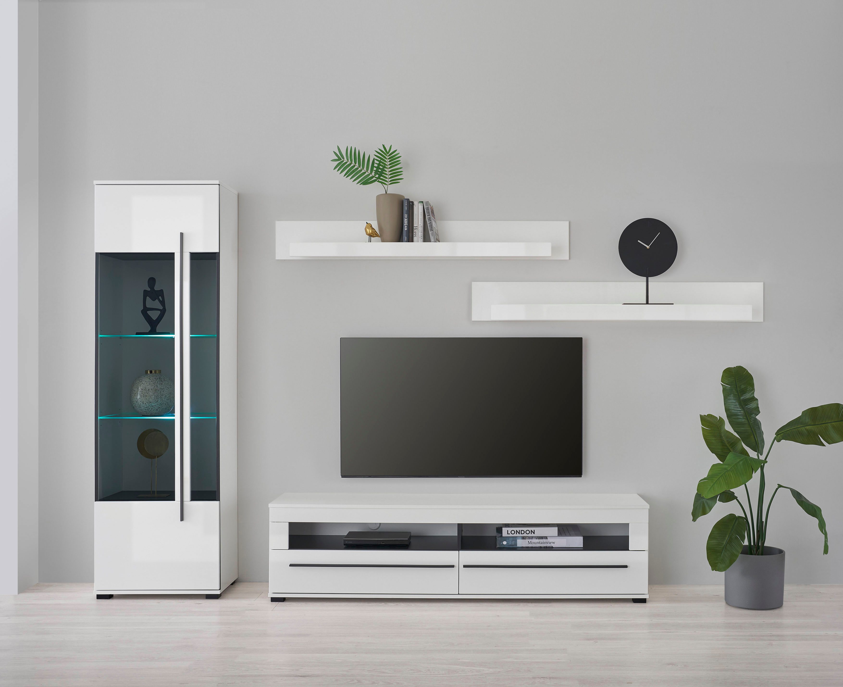 Home affaire Wohnwand Cantara, moderne Anbauwand, Wohnzimmer-Set, in Eiche Evoke oder Weiß, (Set), enthält eine Vitrine, ein Lowboard und zwei Wandboards