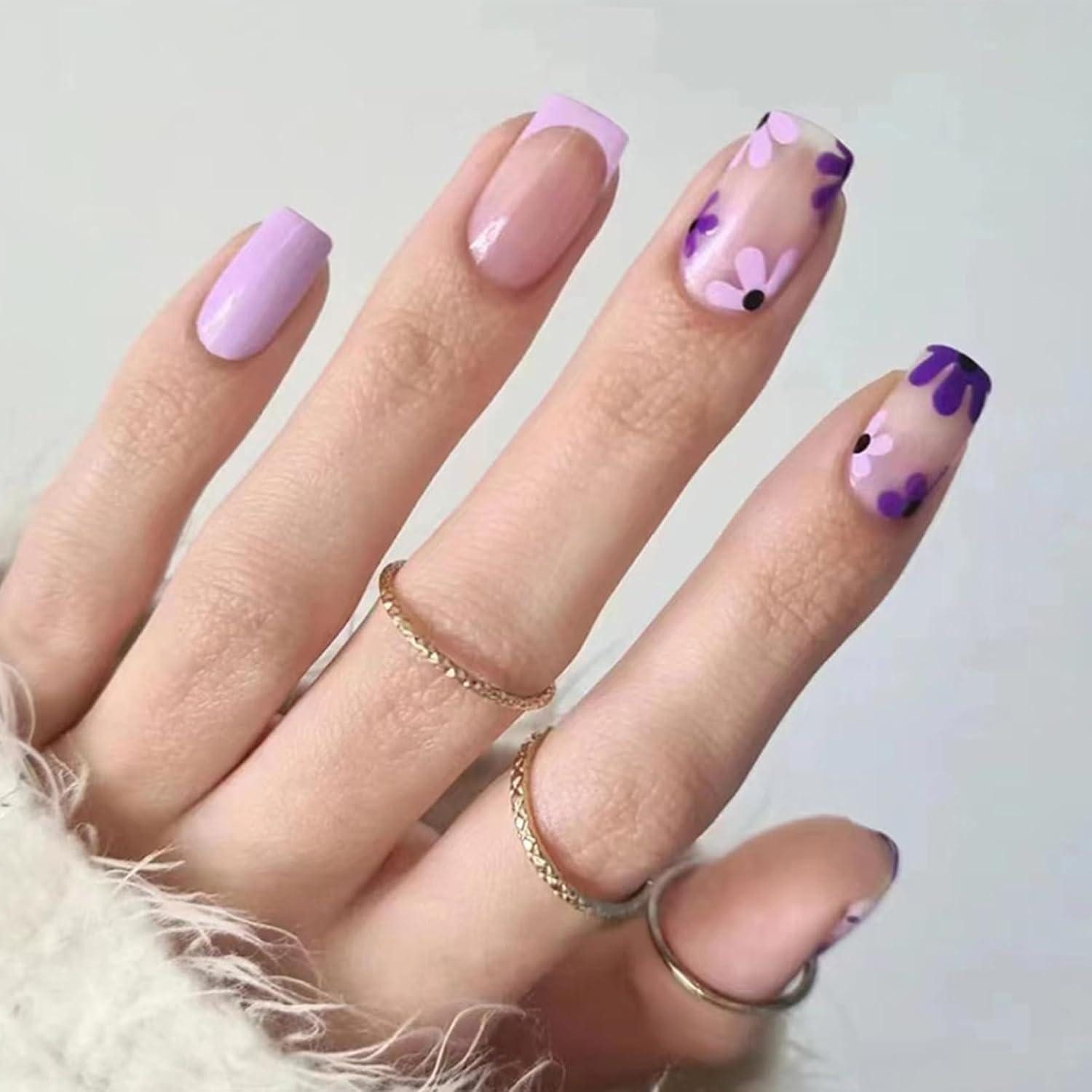 LuxusKollektion Kunstfingernägel Künstliche Nägel 24er Set lila French Blumen kurz quadratisch