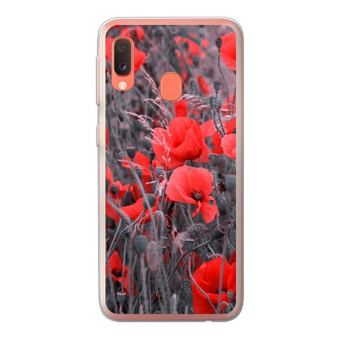 MuchoWow Handyhülle Rote Mohnblumen in einem Schwarz-Weiß-Bild Handyhülle Samsung Galaxy A20e Smartphone-Bumper Print Handy