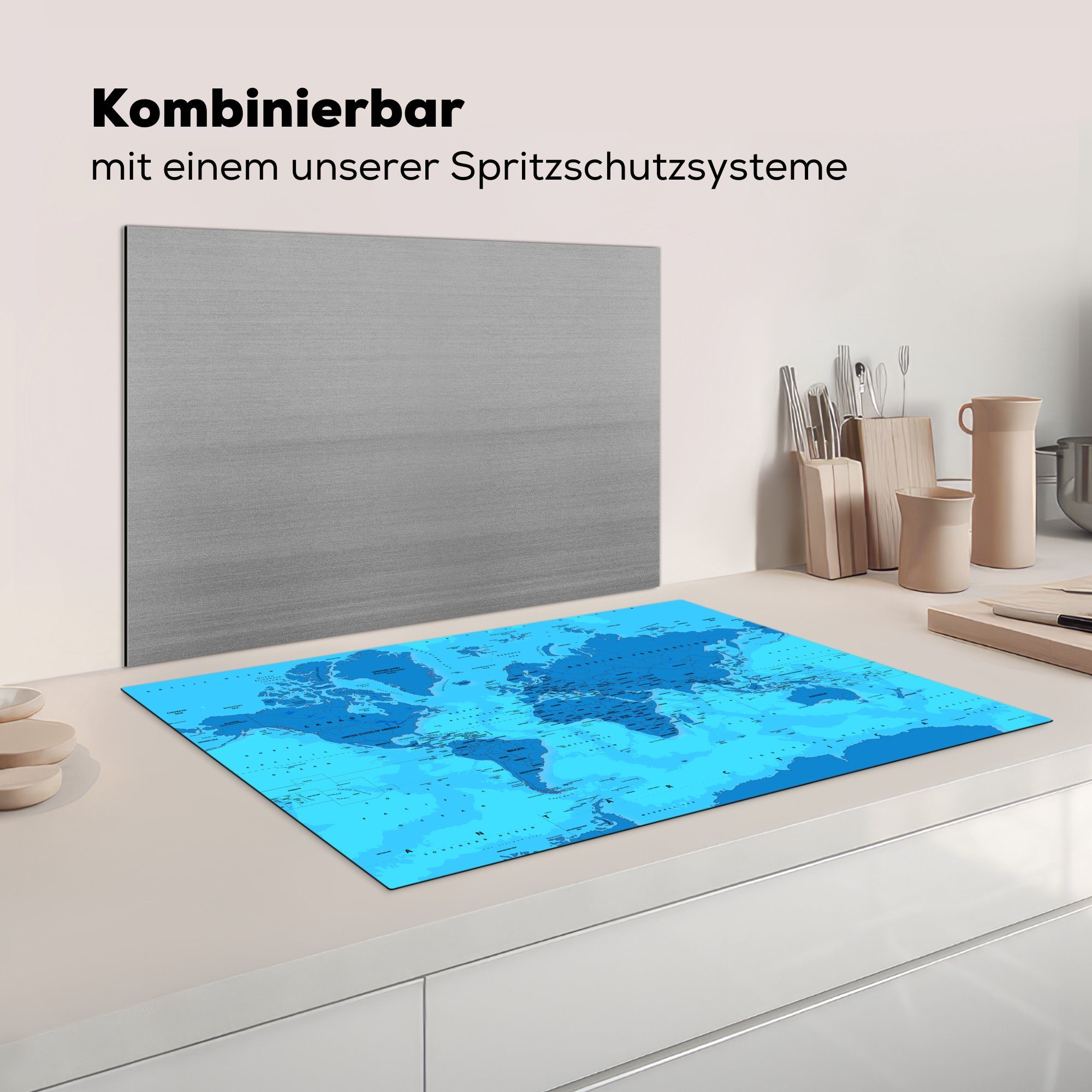 küche, (1 Herdblende-/Abdeckplatte Rost, - - tlg), MuchoWow Trendy Vinyl, Induktionskochfeld 81x52 Schutz Ceranfeldabdeckung für Weltkarte cm, die