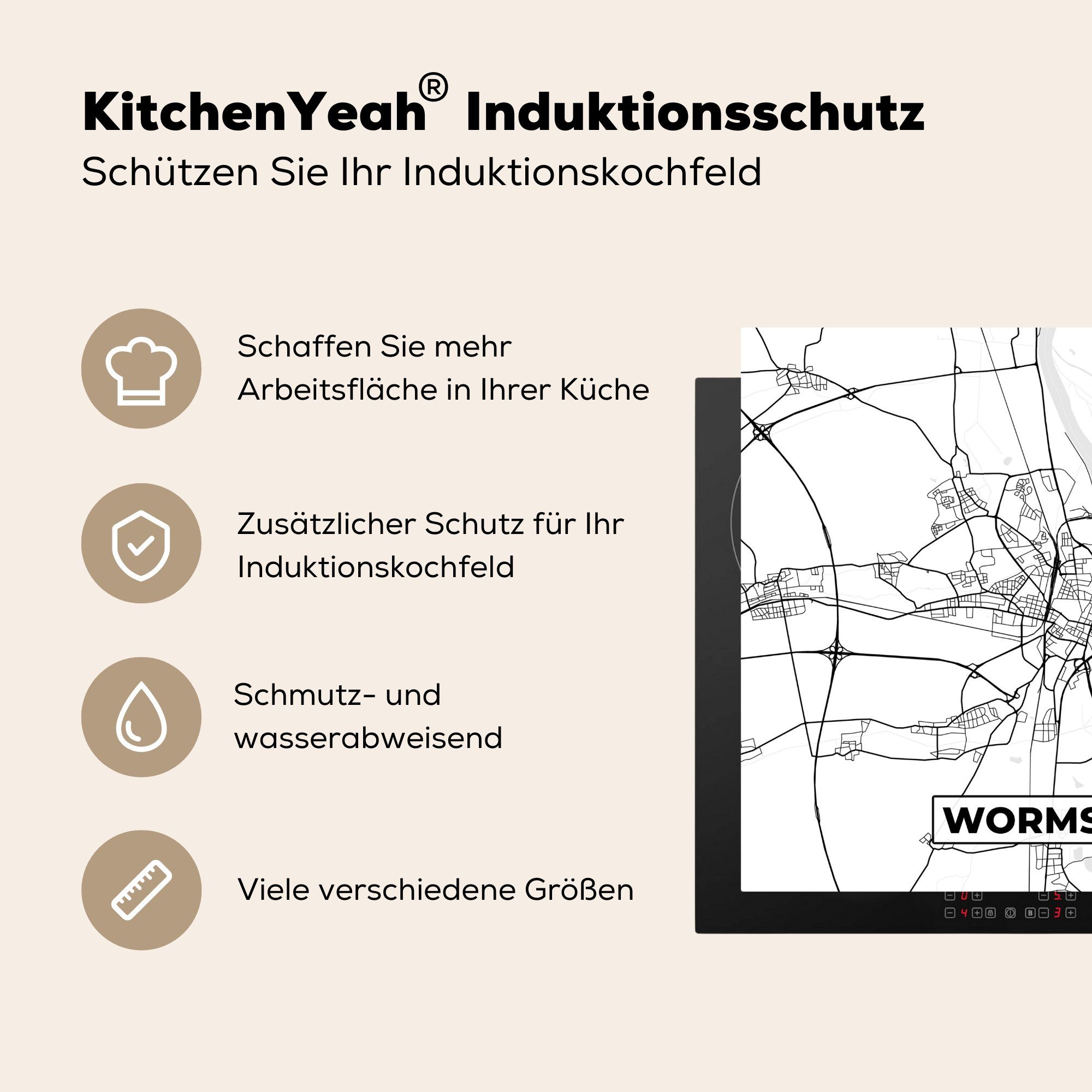 78x78 - MuchoWow Arbeitsplatte Ceranfeldabdeckung, Stadtplan, (1 Worms Vinyl, Herdblende-/Abdeckplatte cm, für tlg), Karte - küche