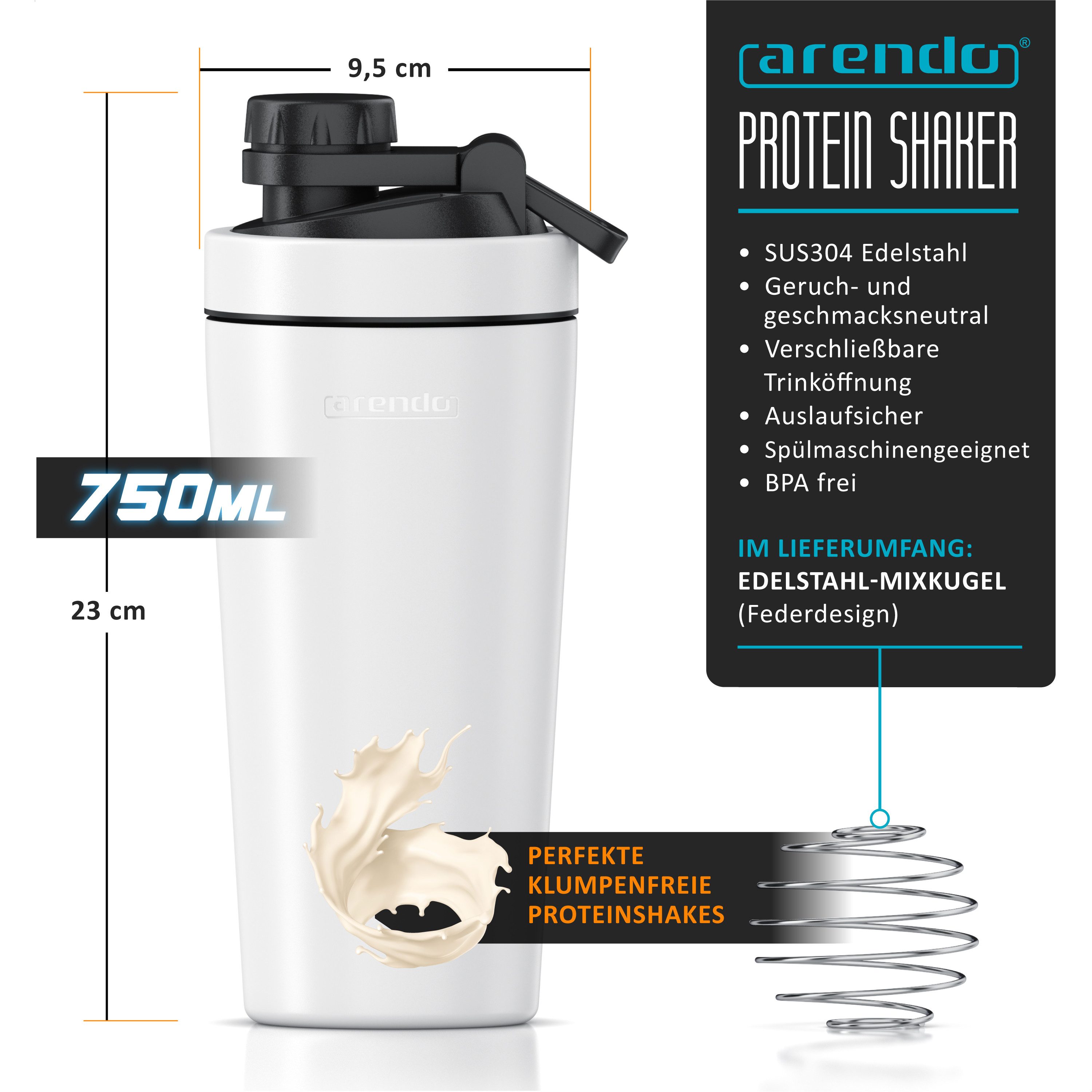 Arendo Protein Shaker Edelstahl Eiweißshaker 750 ml, verschließbar, bruchfest, BPA-frei, Edelstahl, (1-tlg), auslaufsicher, spülmaschinengeeignet, mit Tragegrif – Bild 2 von 5