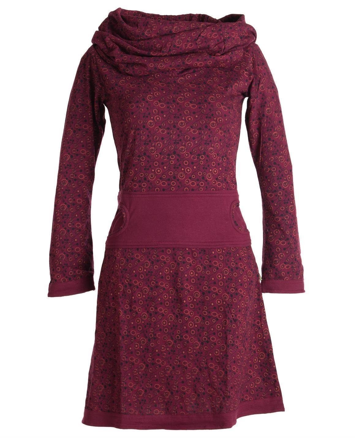 Vishes Jerseykleid Bedrucktes Kleid aus Baumwolle mit Schalkragen Ethno, Goa, Boho, Hippie Style dunkelrot