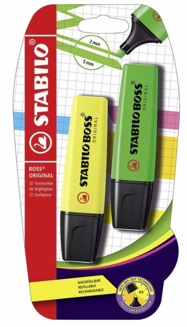 Pack - - Marker Textmarker STABILO - 2er ORIGINAL grün STABILO gelb, BOSS