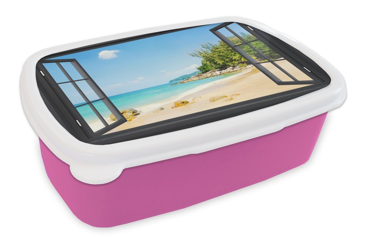 MuchoWow Lunchbox Durchsichtig - Strand - Schwarz, Kunststoff, (2-tlg), Brotbox für Erwachsene, Brotdose Kinder, Snackbox, Mädchen, Kunststoff rosa