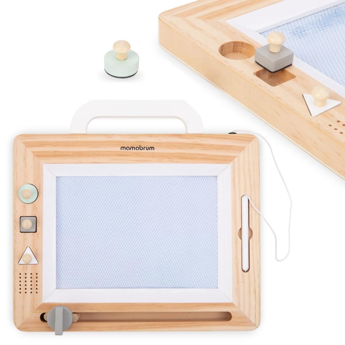 Mamabrum Lernspielzeug Holz-Magnettafel mit Griff, Stempeln & Löschfunktion