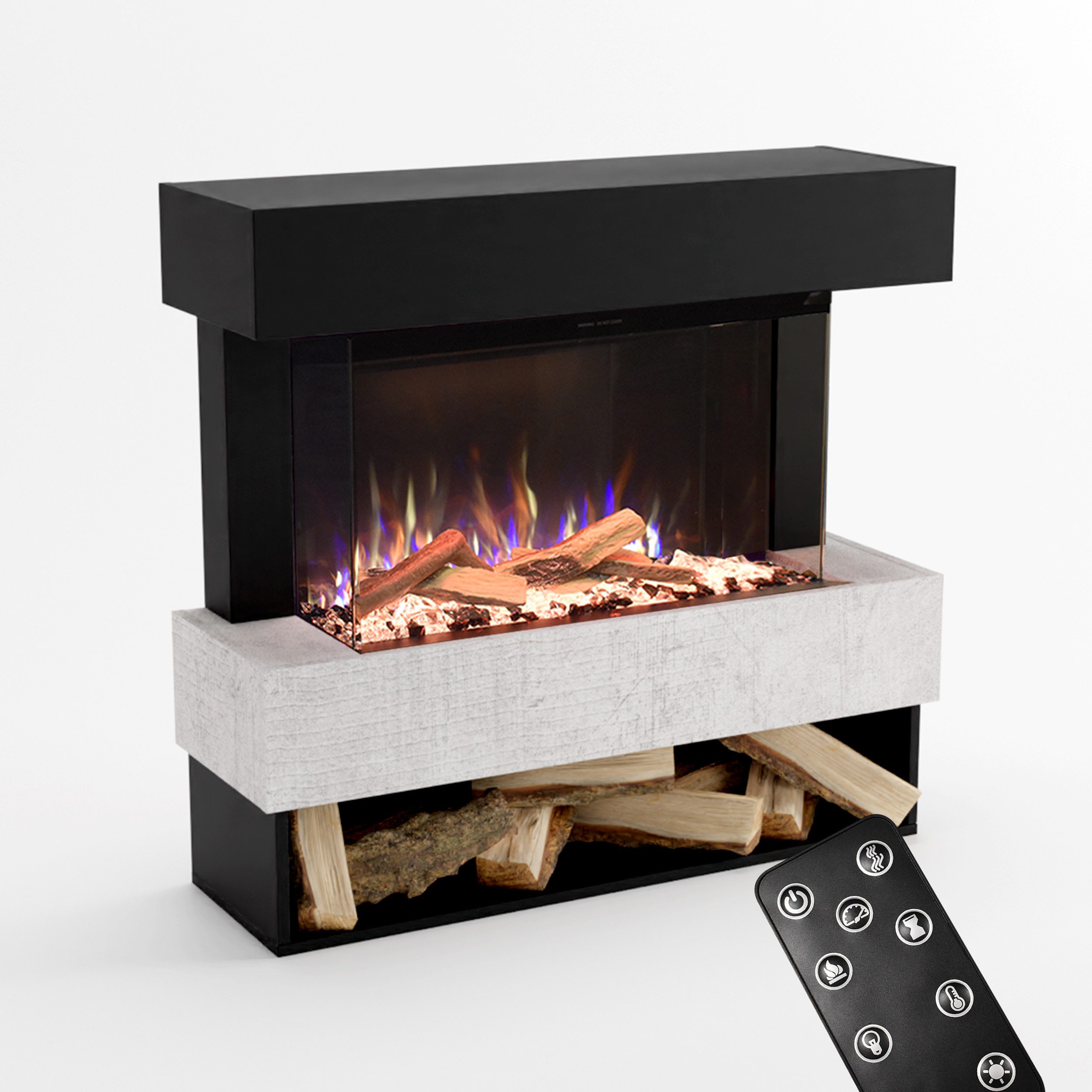 GLOW FIRE Elektrokamin PR5 E-Motion 3D, Elektrischer Kamin mit 3D Feuer mit Heizung, täuschend echte Flamme mit Heizung, 3 Dekorationen