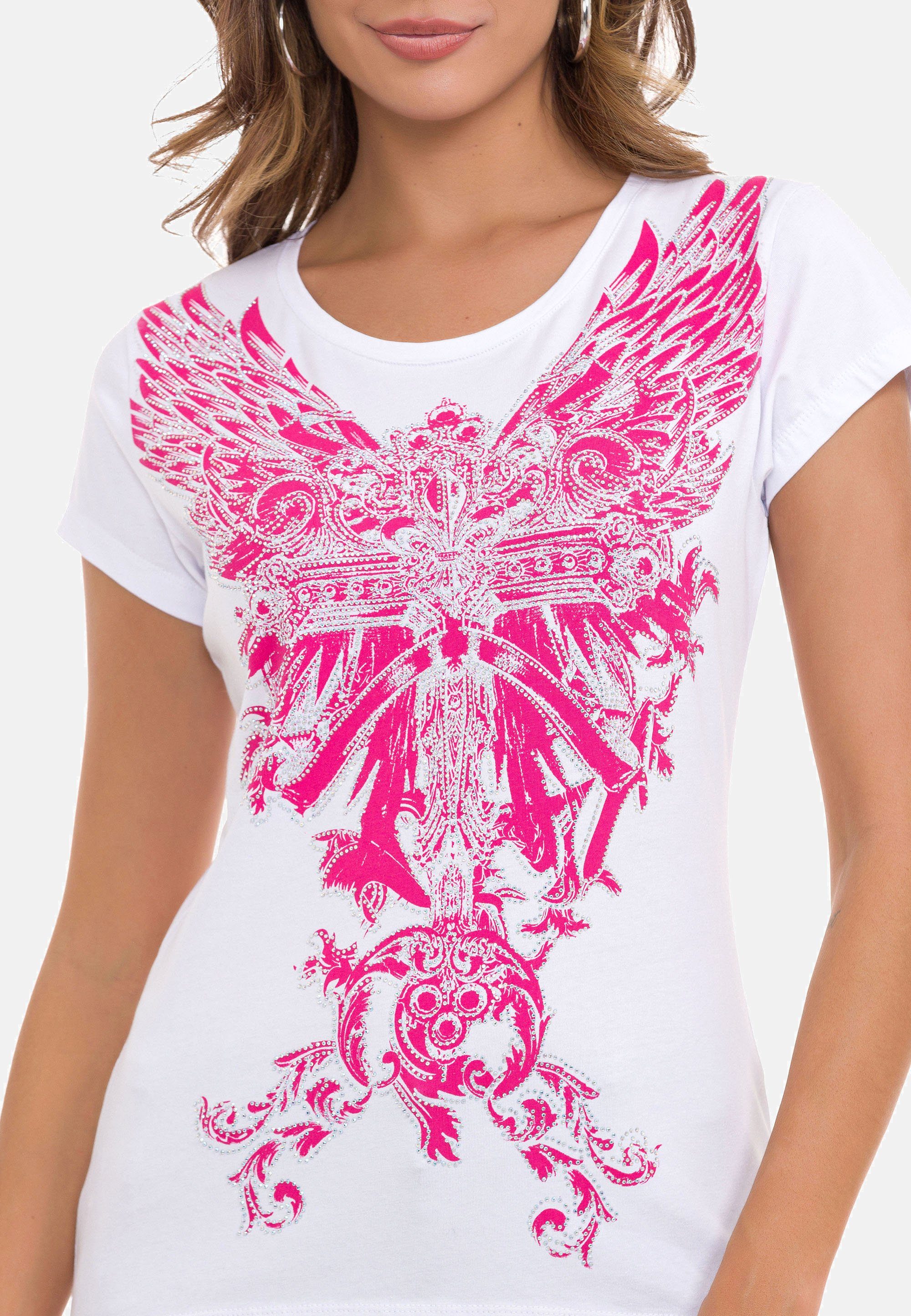 Cipo & Baxx pink-weiß Frontprint T-Shirt mit modischem