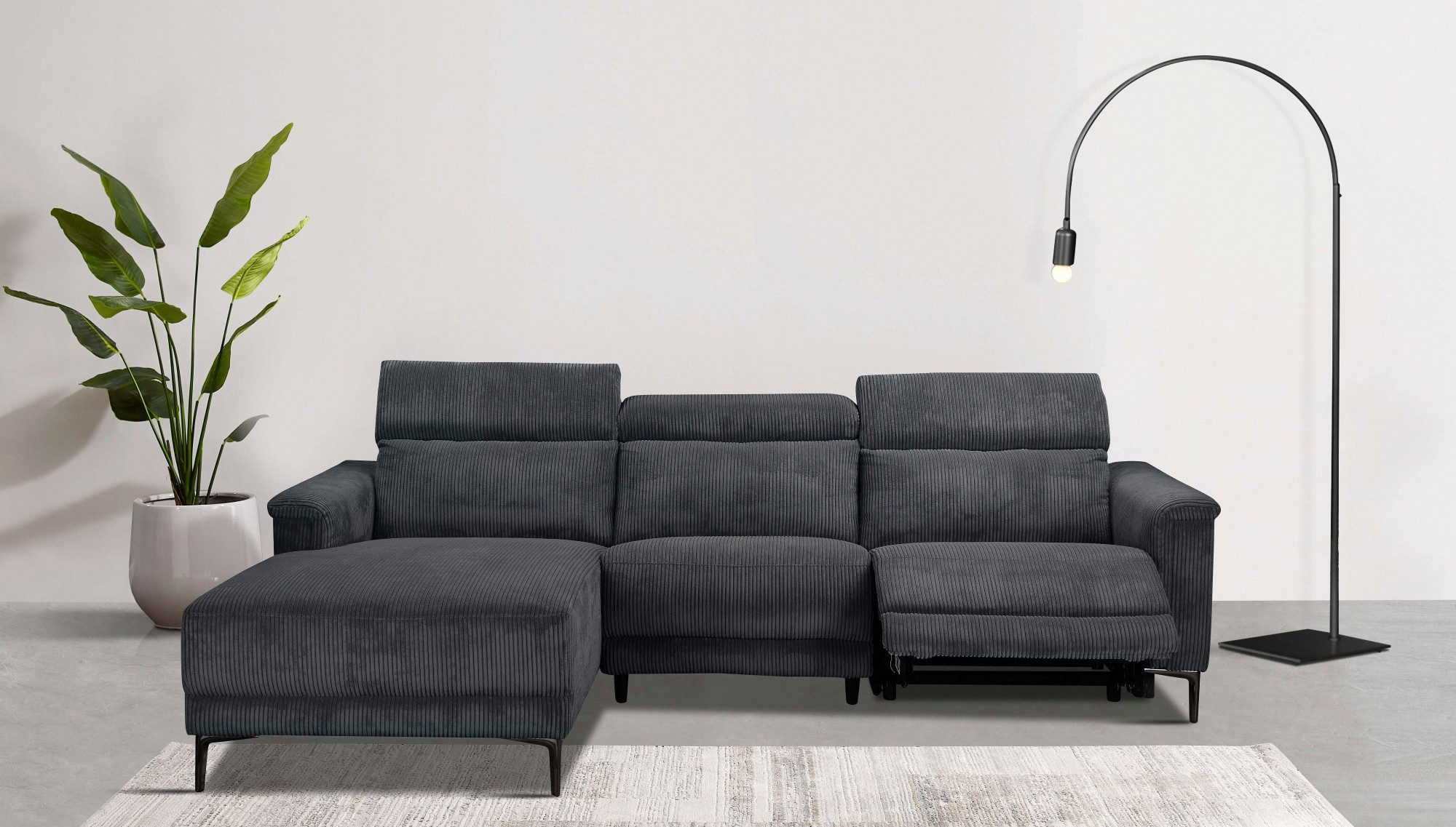 Ecksofa Lund in Cord, L-Form, 261 cm, manuelle und elektr. Relaxfunktion