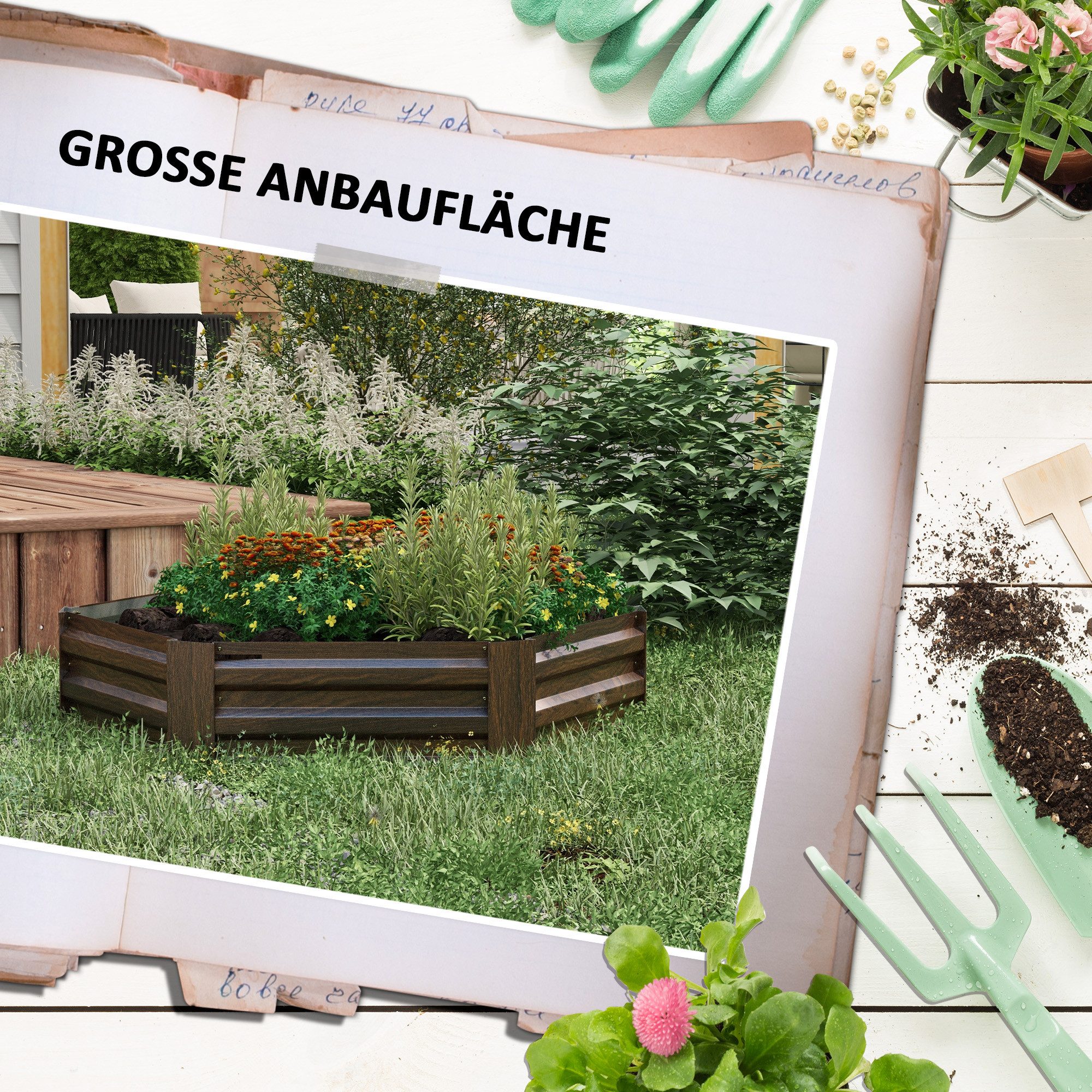 Outsunny Hochbeet sechseckiger Blumenkasten mit offenem Boden